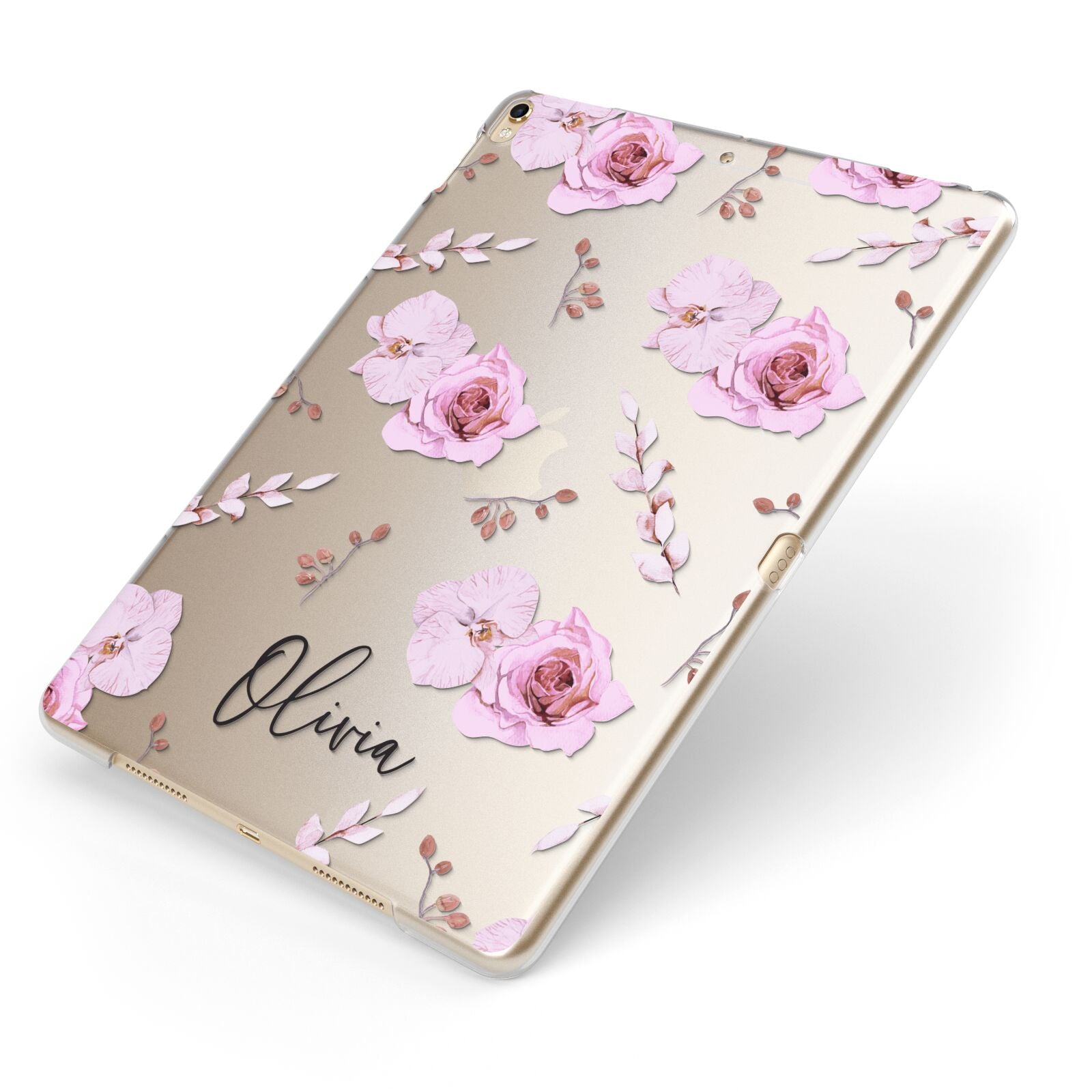 Personalised Dusty Pink Flowers Apple iPad Case on Gold iPad Side View