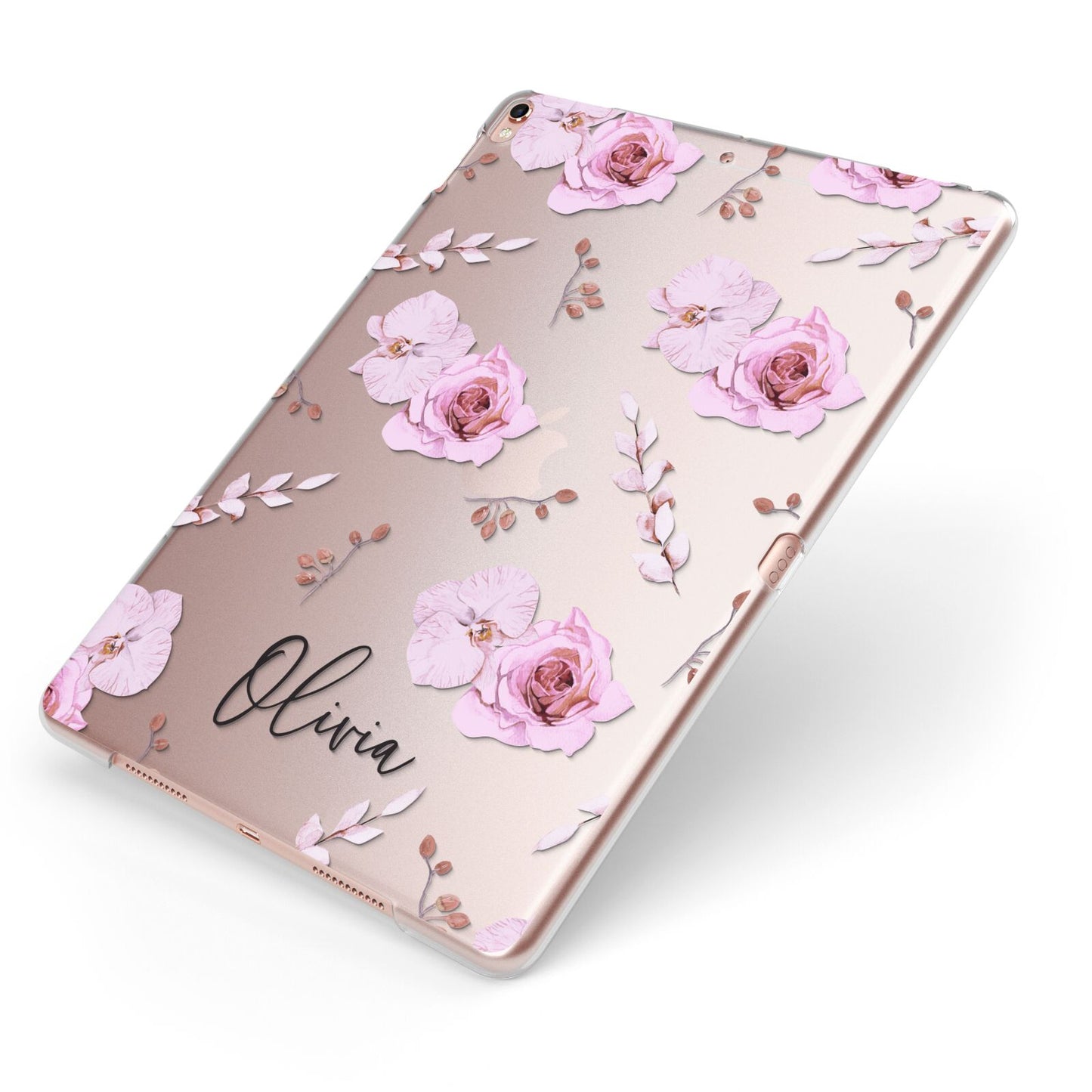 Personalised Dusty Pink Flowers Apple iPad Case on Rose Gold iPad Side View