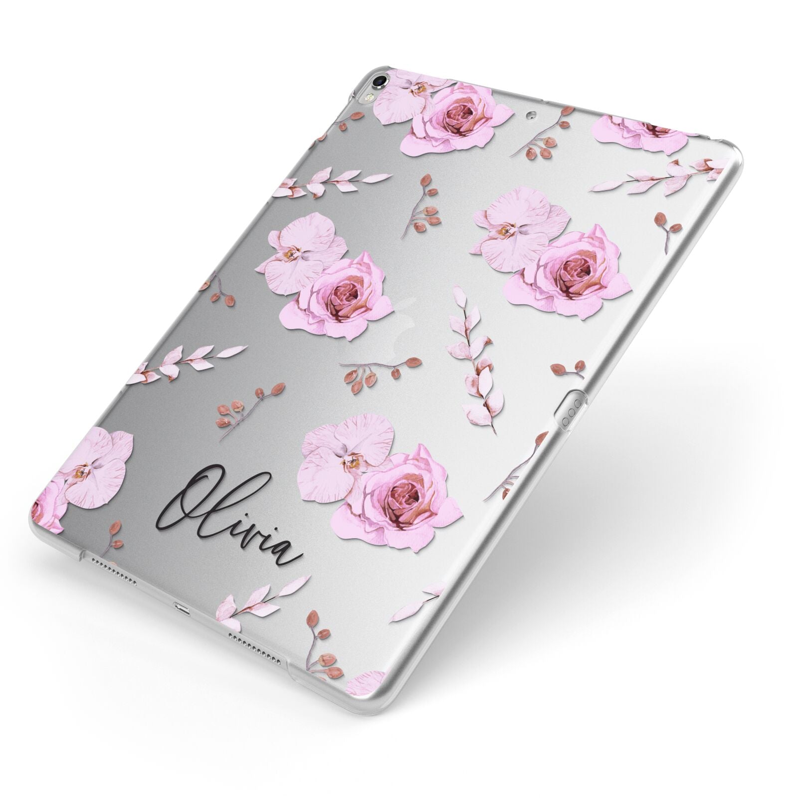 Personalised Dusty Pink Flowers Apple iPad Case on Silver iPad Side View