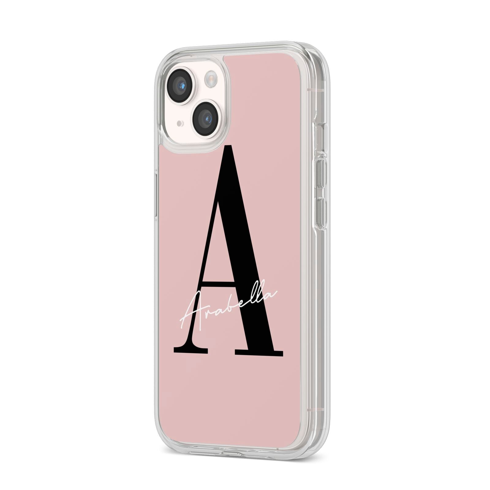 Personalised Dusty Pink Initial iPhone 14 Clear Tough Case Starlight Angled Image