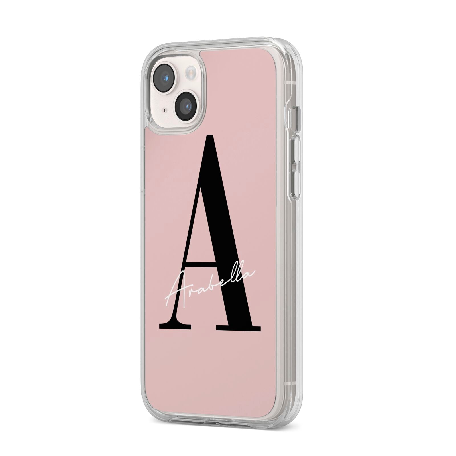 Personalised Dusty Pink Initial iPhone 14 Plus Clear Tough Case Starlight Angled Image