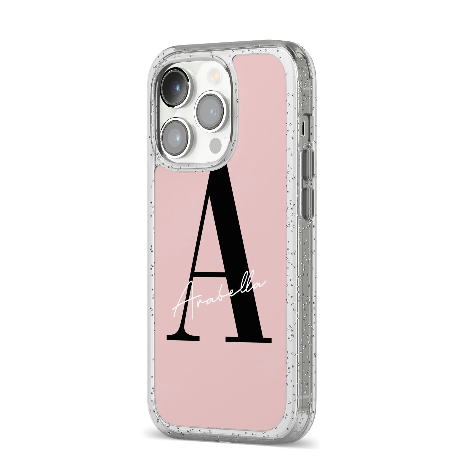Personalised Dusty Pink Initial iPhone 14 Pro Glitter Tough Case Silver Angled Image