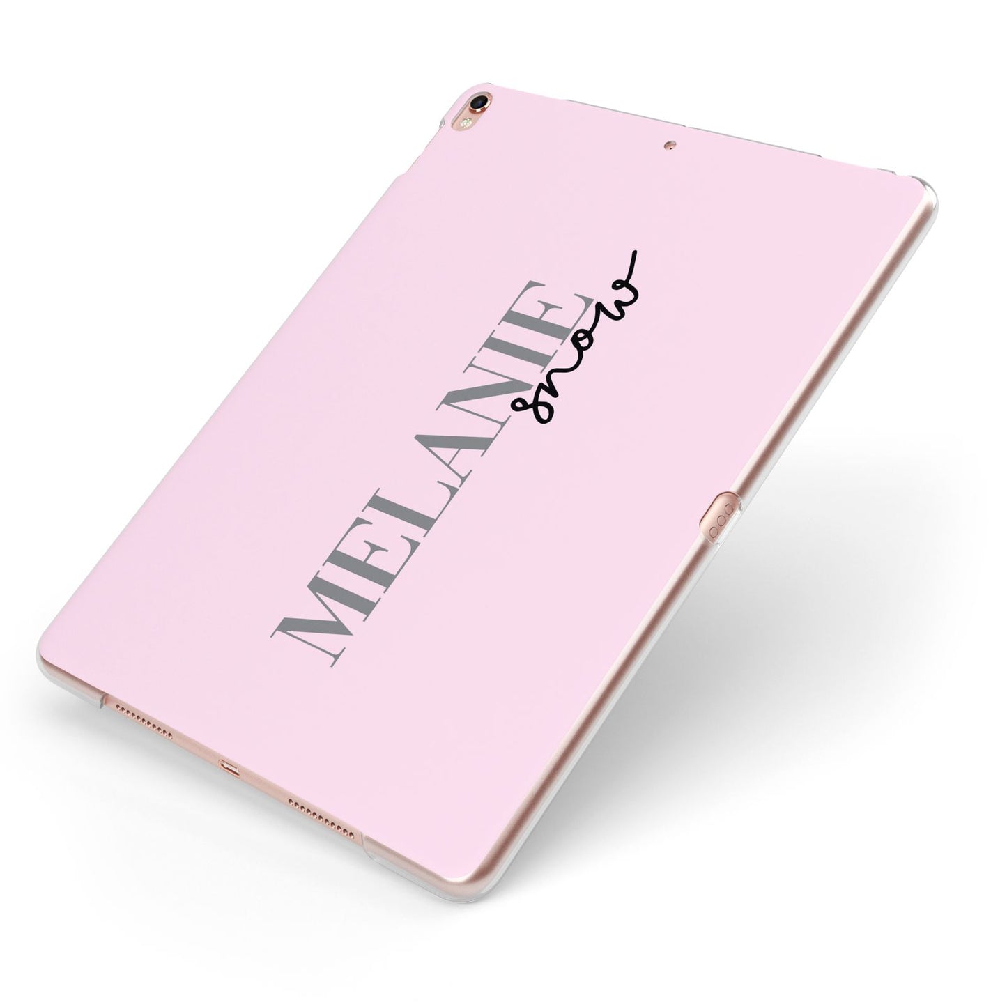 Personalised Dusty Pink Name Apple iPad Case on Rose Gold iPad Side View