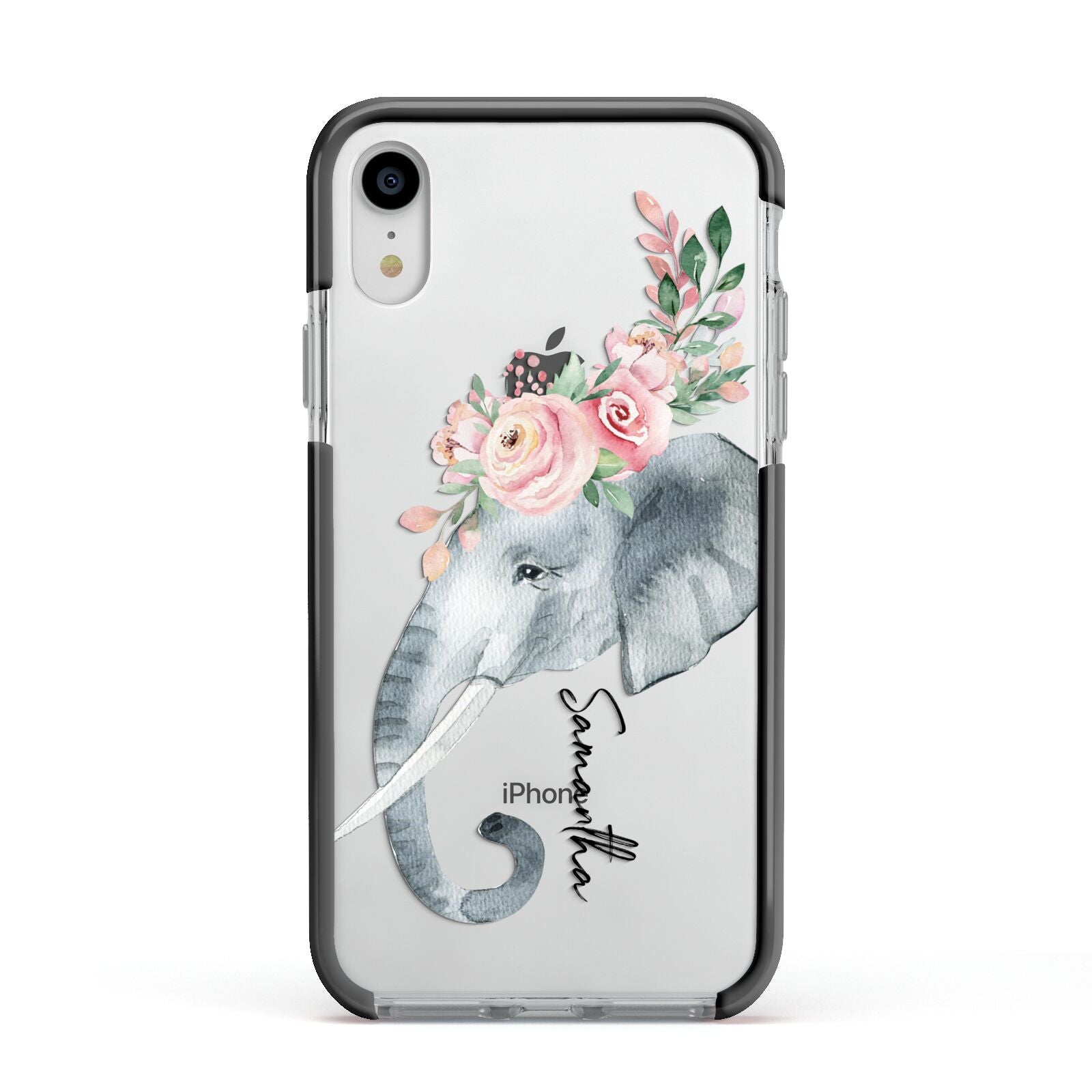 Personalised Elephant Apple iPhone XR Impact Case Black Edge on Silver Phone