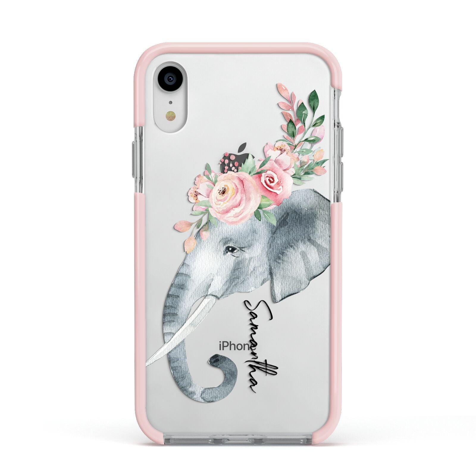 Personalised Elephant Apple iPhone XR Impact Case Pink Edge on Silver Phone