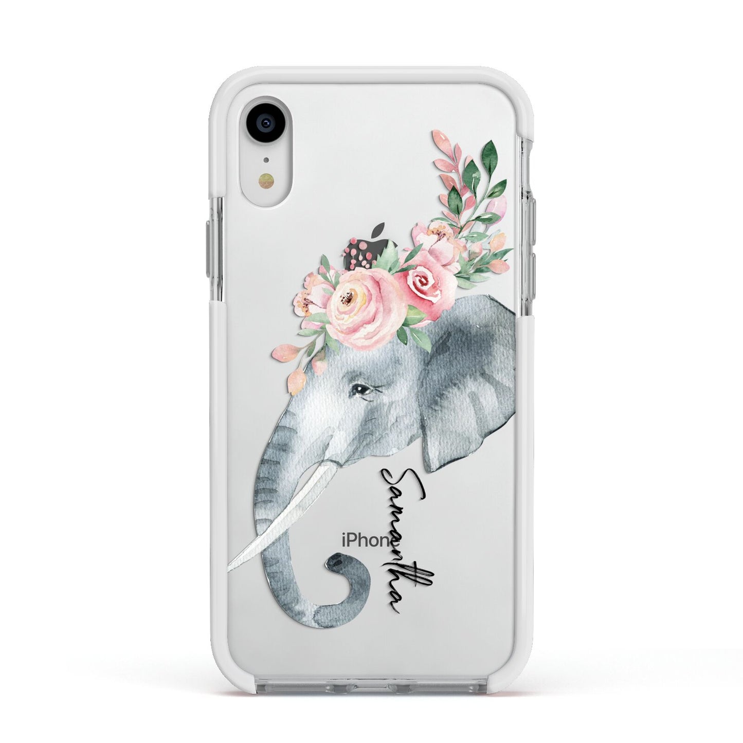 Personalised Elephant Apple iPhone XR Impact Case White Edge on Silver Phone