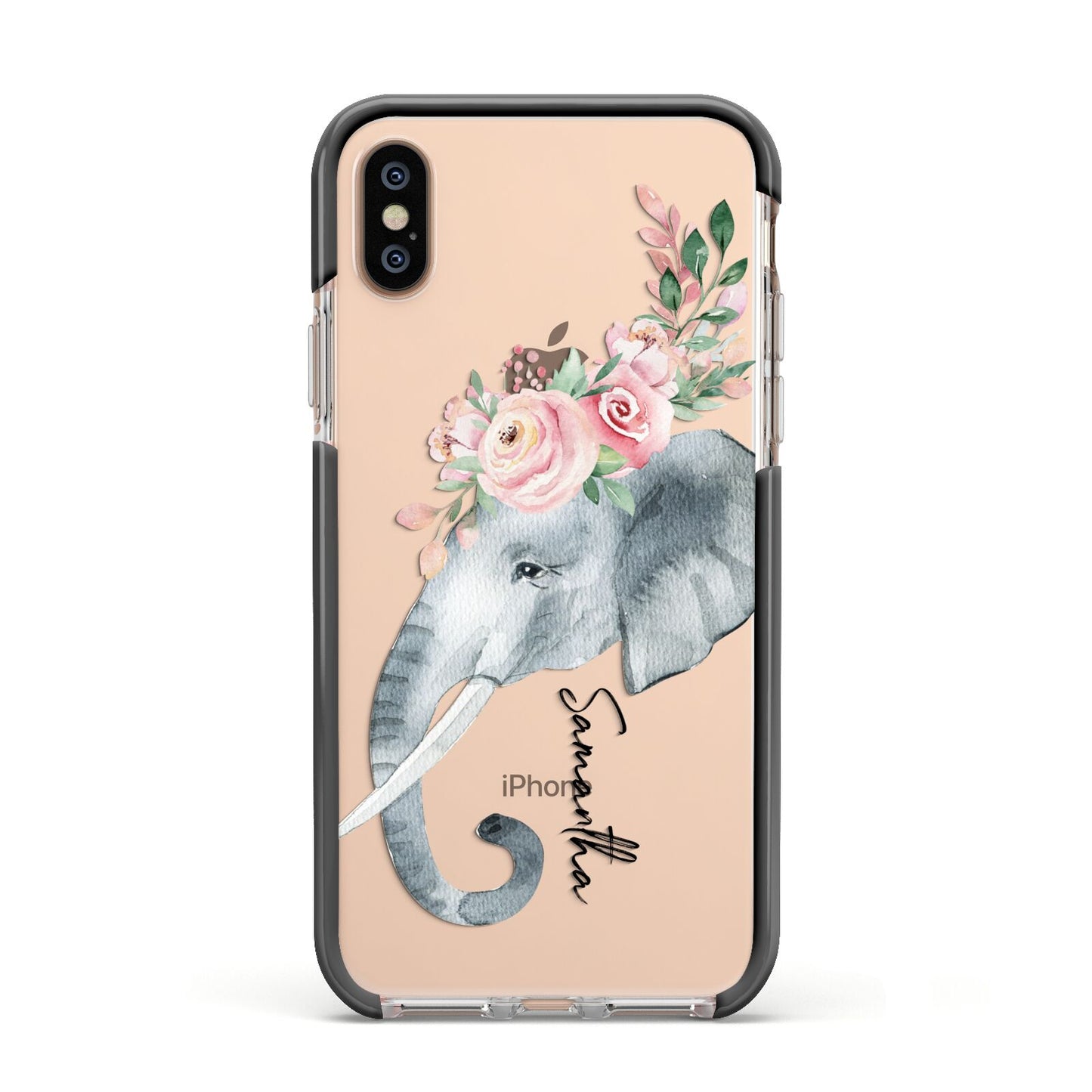 Personalised Elephant Apple iPhone Xs Impact Case Black Edge on Gold Phone