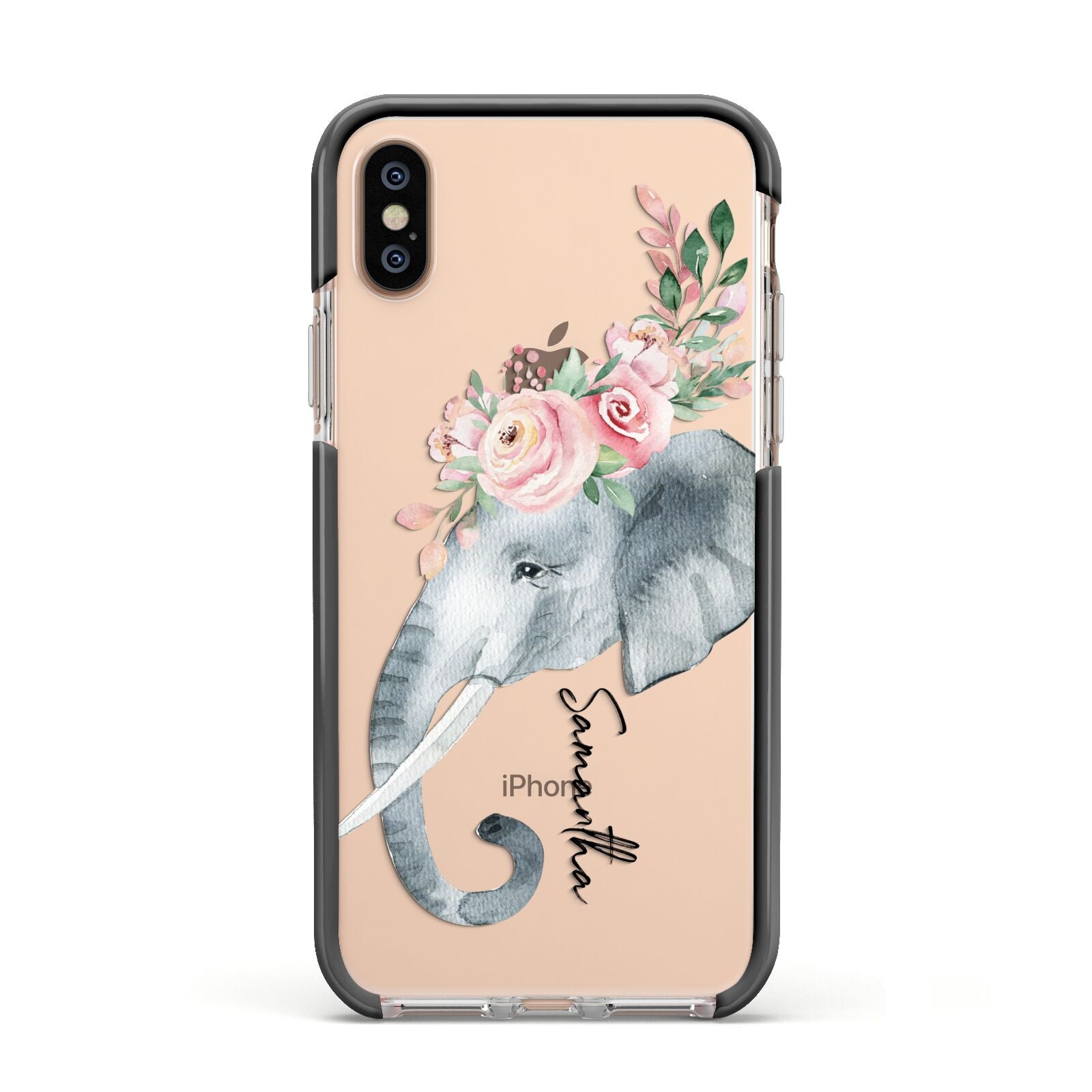 Personalised Elephant Apple iPhone Xs Impact Case Black Edge on Gold Phone