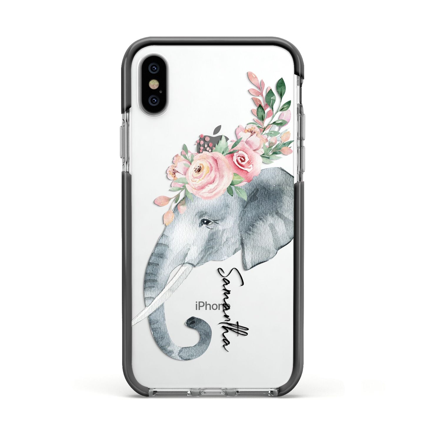 Personalised Elephant Apple iPhone Xs Impact Case Black Edge on Silver Phone