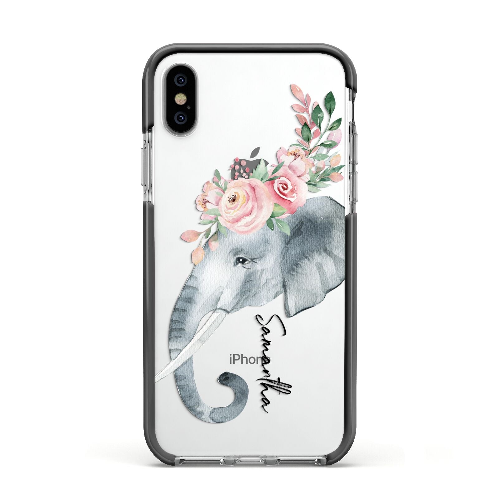 Personalised Elephant Apple iPhone Xs Impact Case Black Edge on Silver Phone