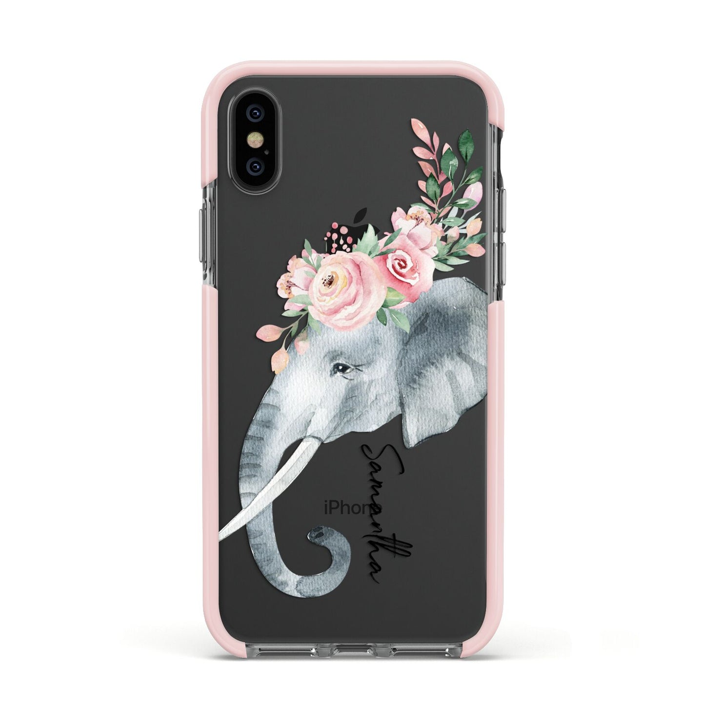 Personalised Elephant Apple iPhone Xs Impact Case Pink Edge on Black Phone