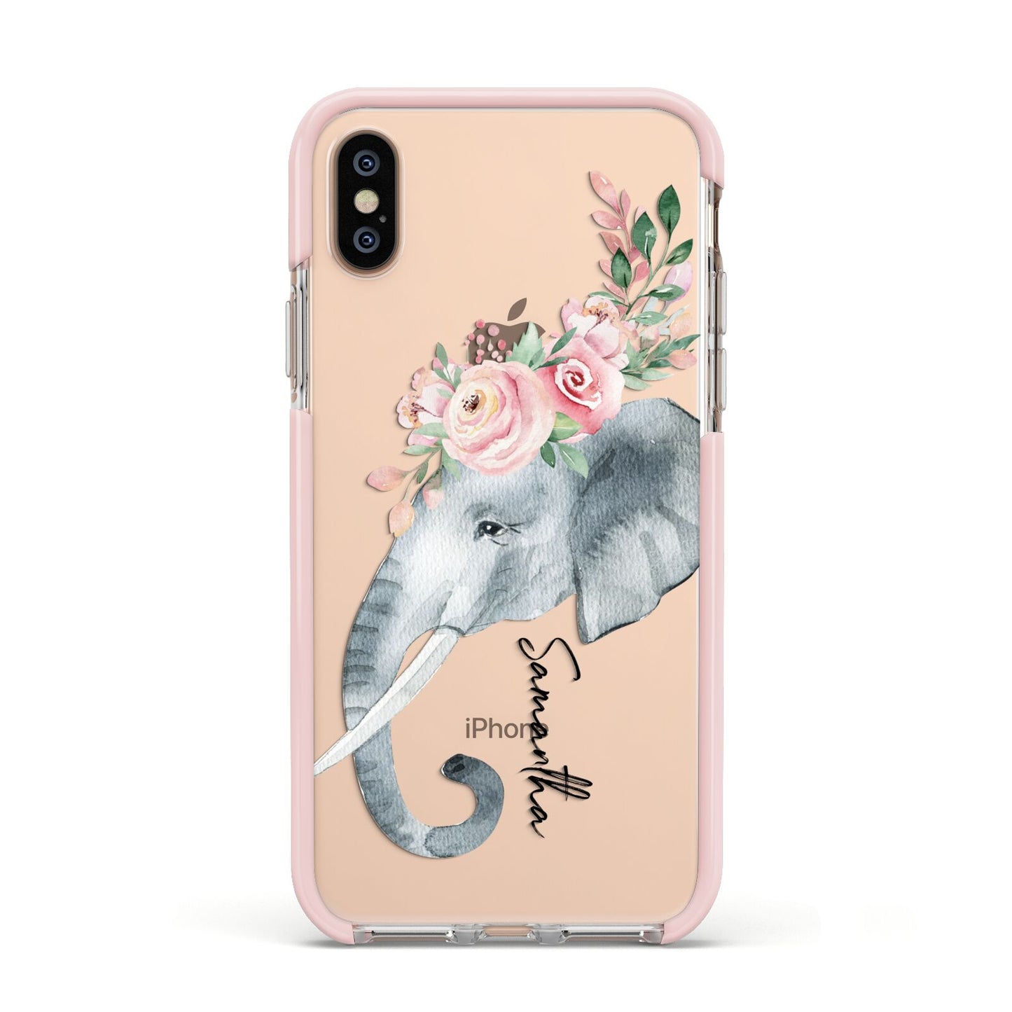 Personalised Elephant Apple iPhone Xs Impact Case Pink Edge on Gold Phone