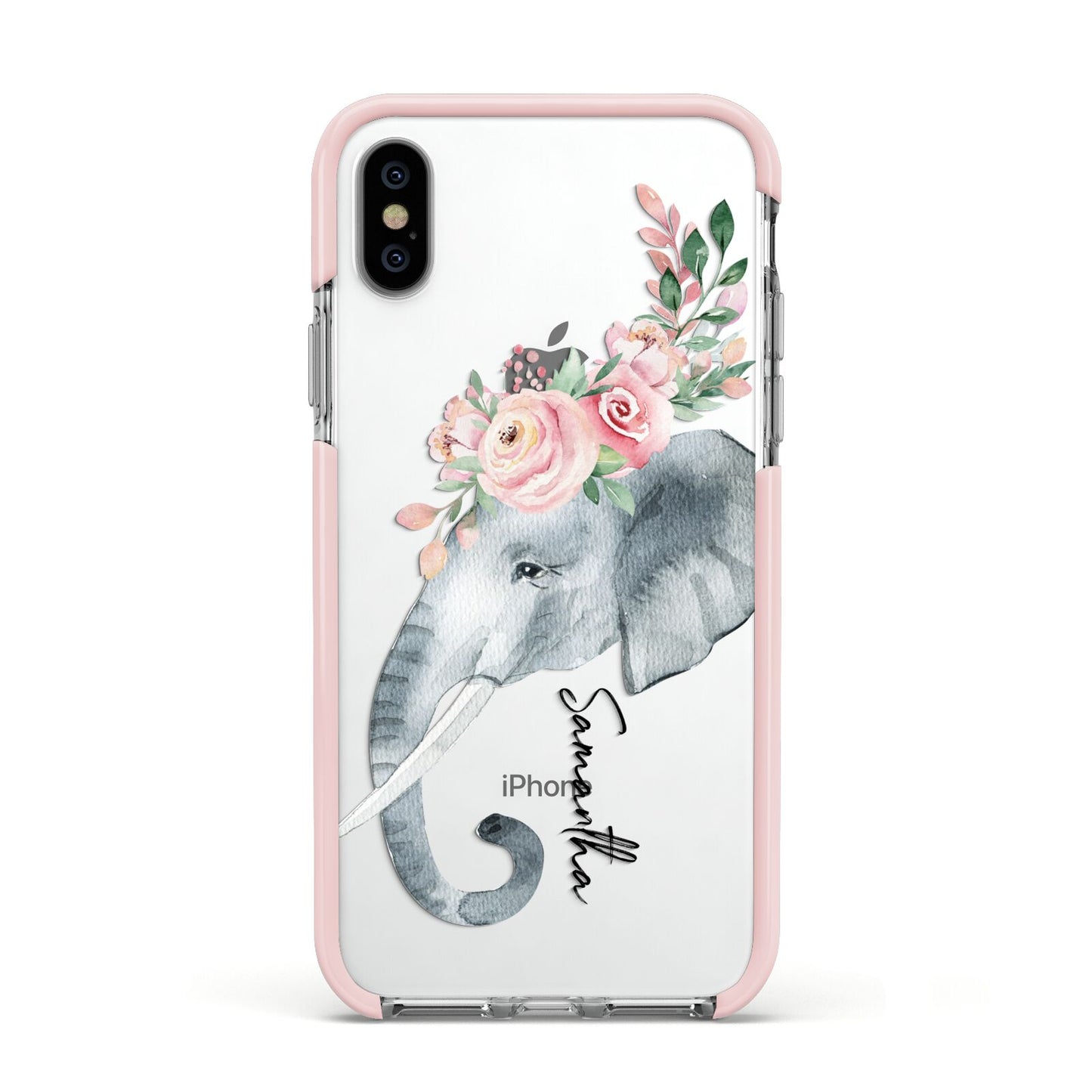 Personalised Elephant Apple iPhone Xs Impact Case Pink Edge on Silver Phone