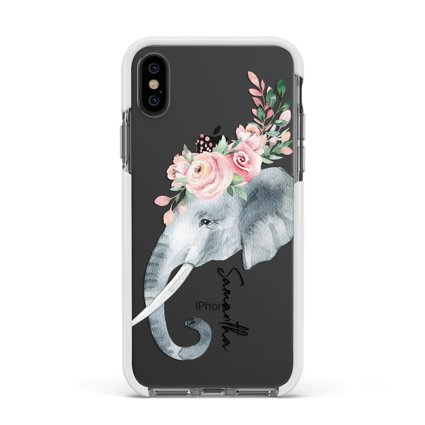 Personalised Elephant Apple iPhone Xs Impact Case White Edge on Black Phone