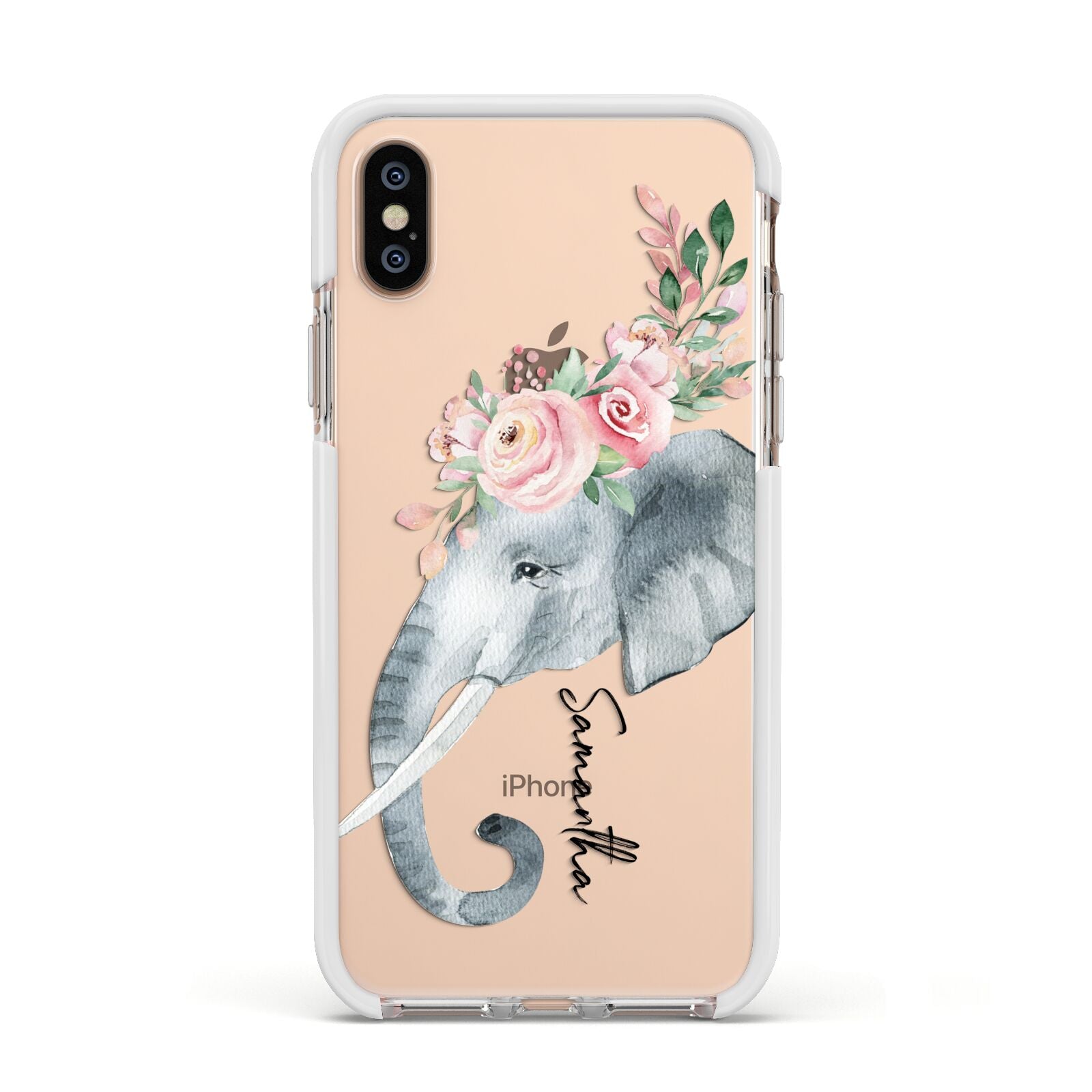 Personalised Elephant Apple iPhone Xs Impact Case White Edge on Gold Phone