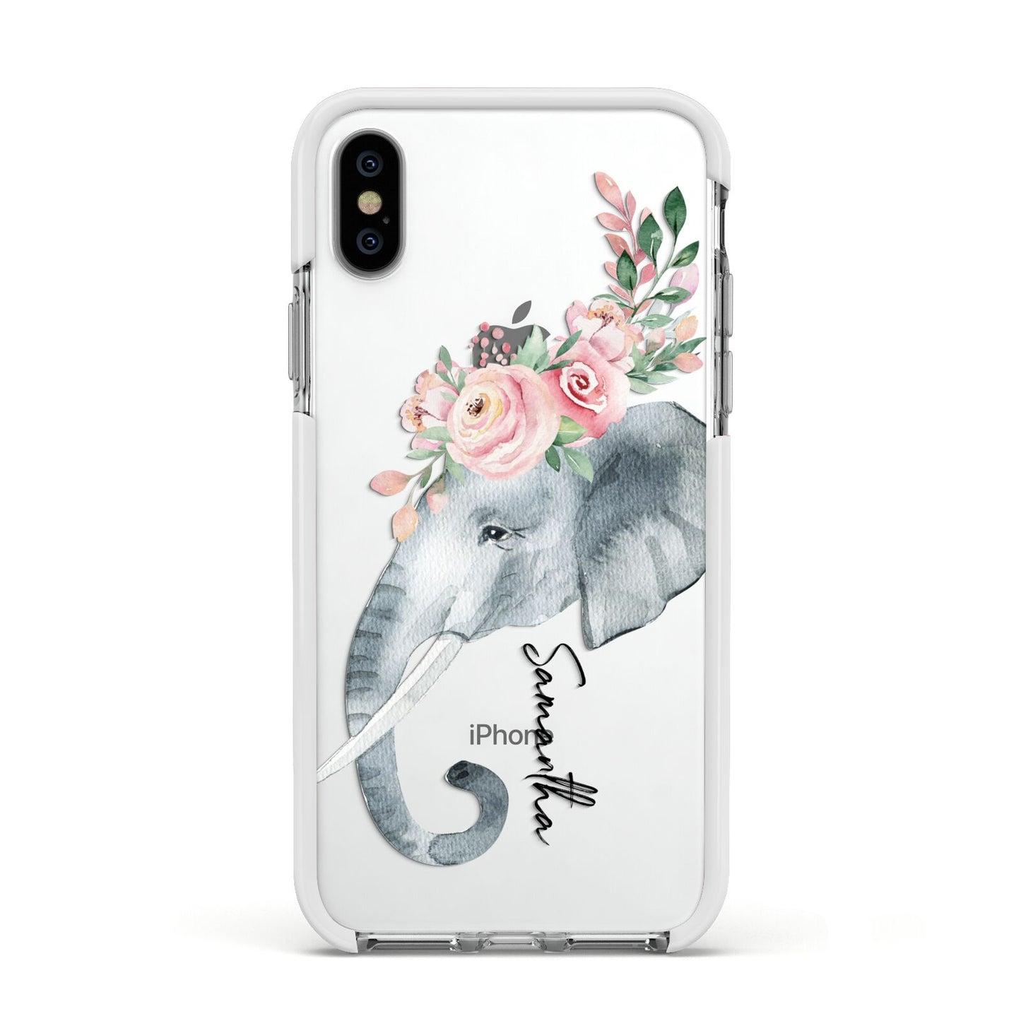 Personalised Elephant Apple iPhone Xs Impact Case White Edge on Silver Phone
