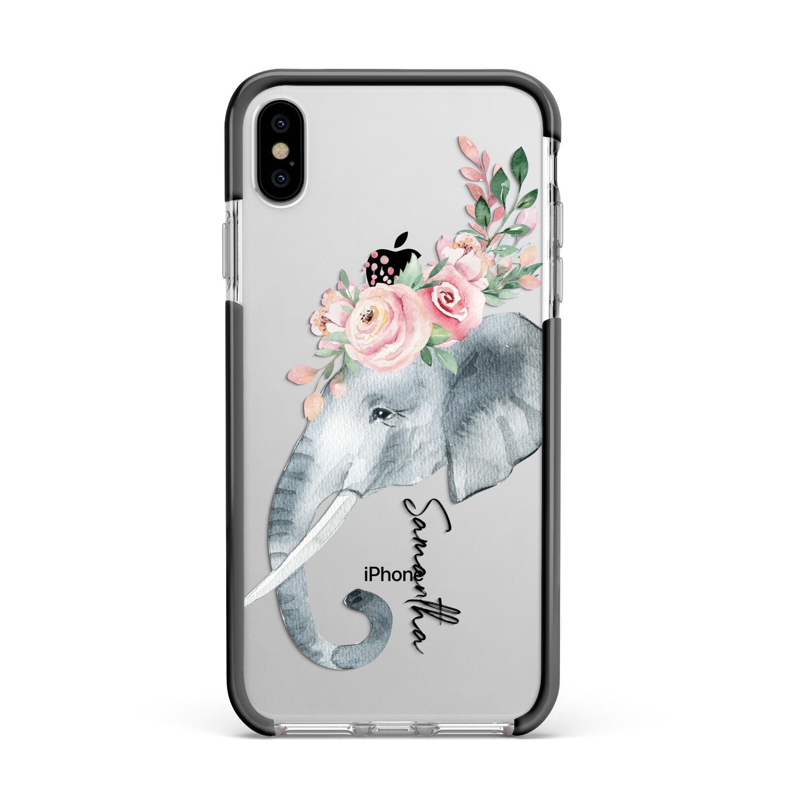 Personalised Elephant Apple iPhone Xs Max Impact Case Black Edge on Silver Phone