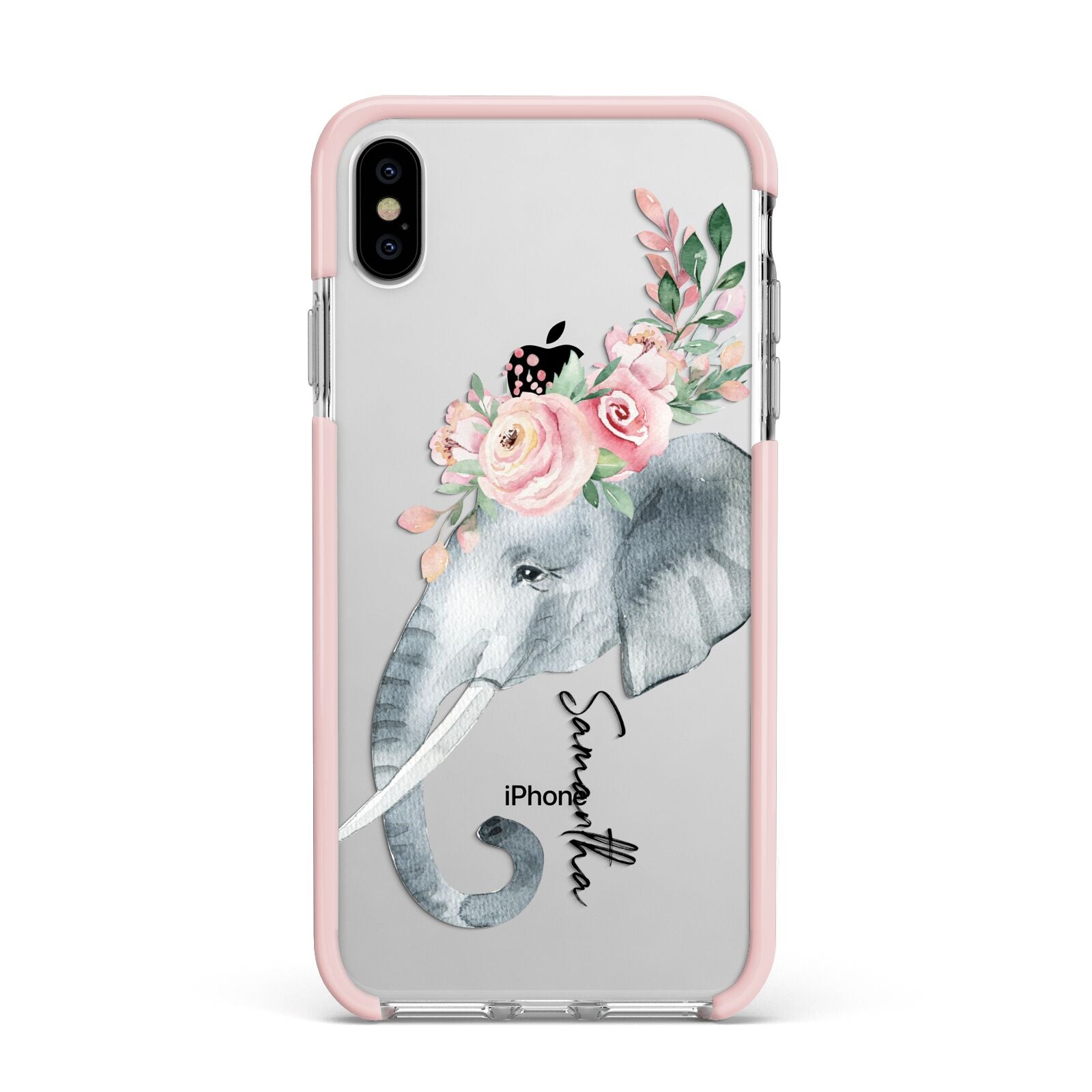 Personalised Elephant Apple iPhone Xs Max Impact Case Pink Edge on Silver Phone