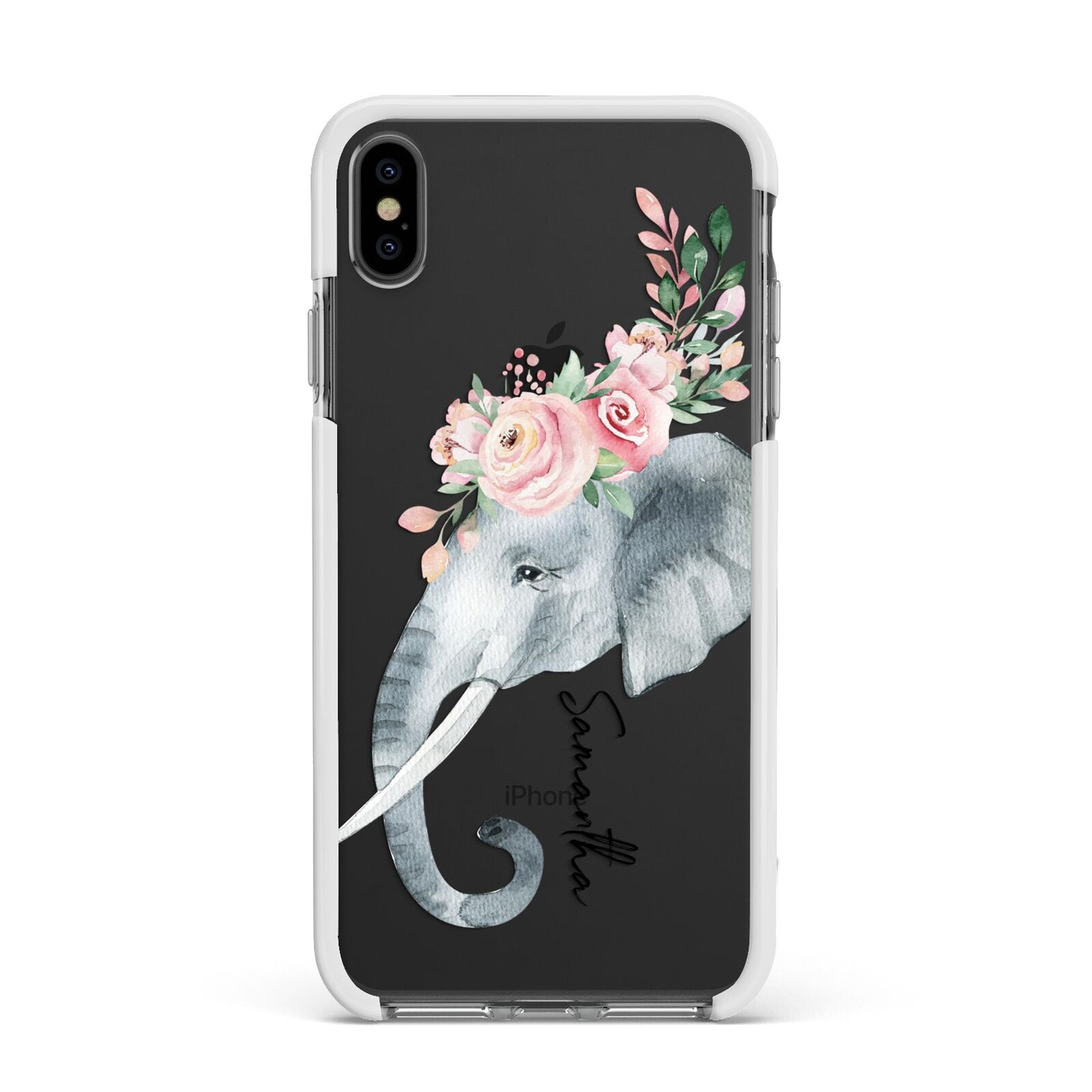 Personalised Elephant Apple iPhone Xs Max Impact Case White Edge on Black Phone
