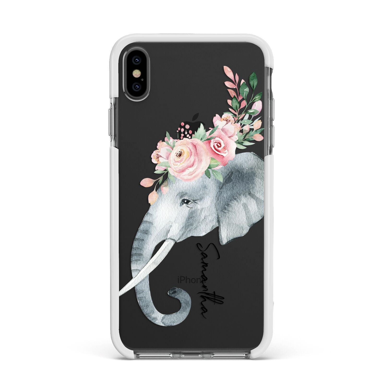 Personalised Elephant Apple iPhone Xs Max Impact Case White Edge on Black Phone