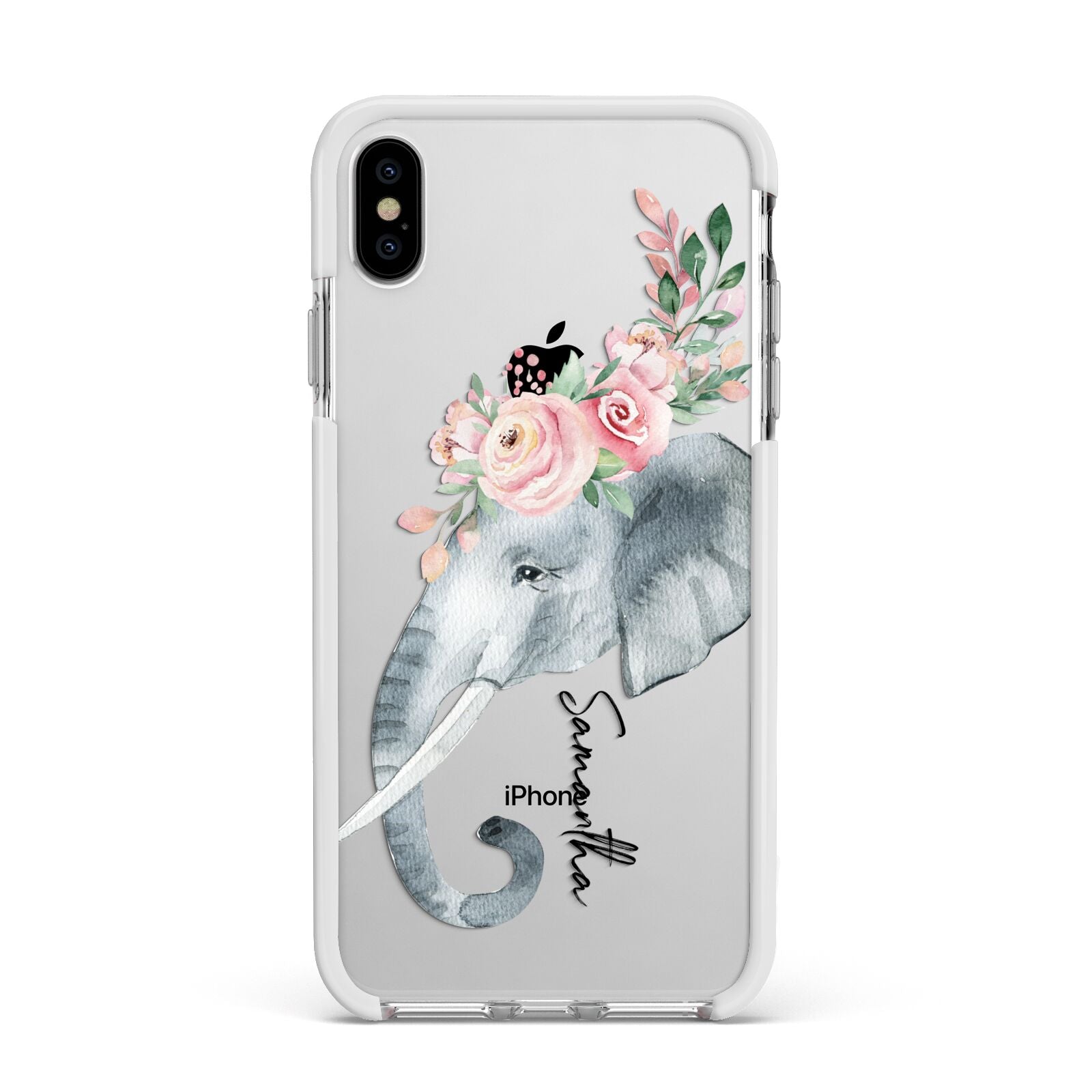 Personalised Elephant Apple iPhone Xs Max Impact Case White Edge on Silver Phone