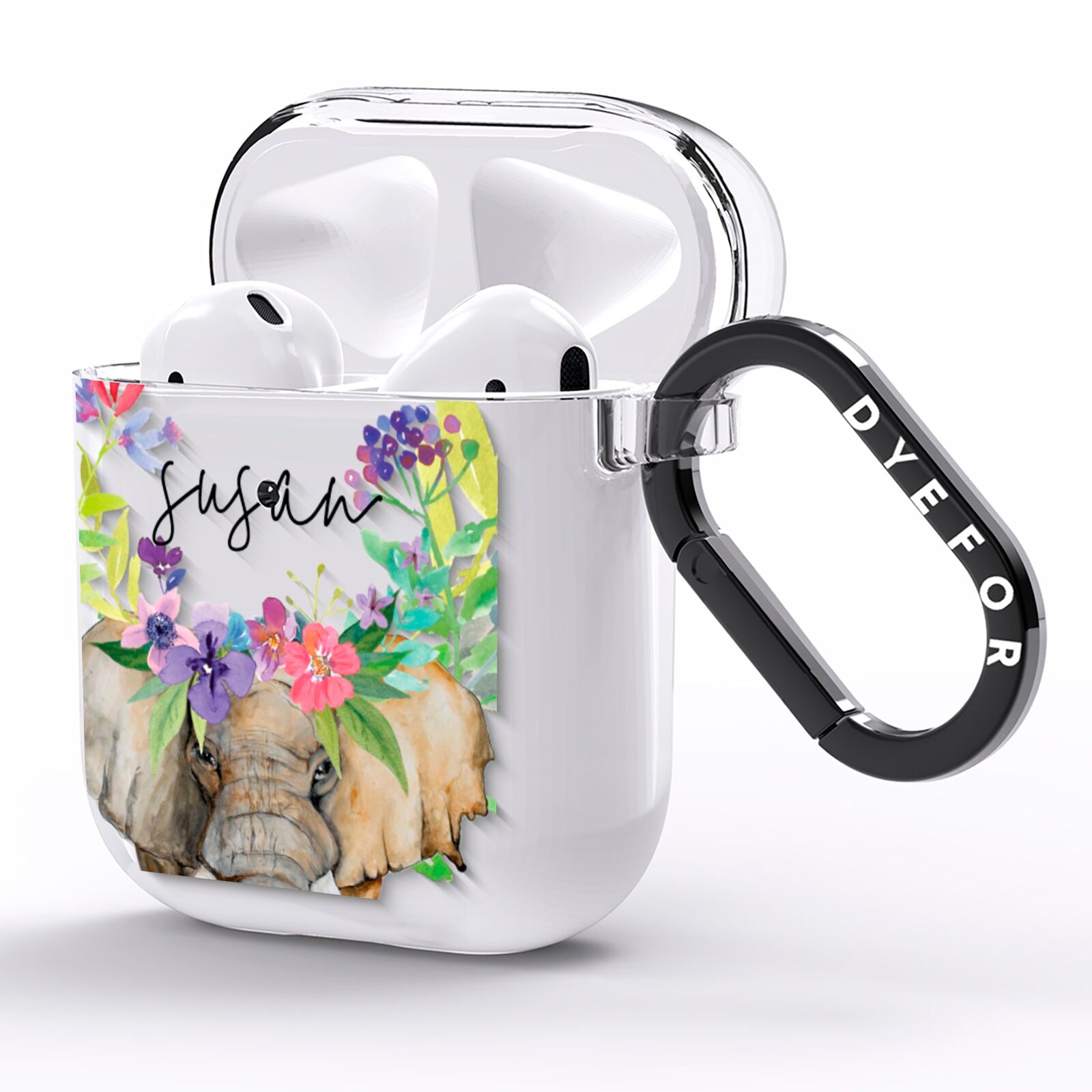 Personalised Elephant Floral AirPods Clear Case Side Image