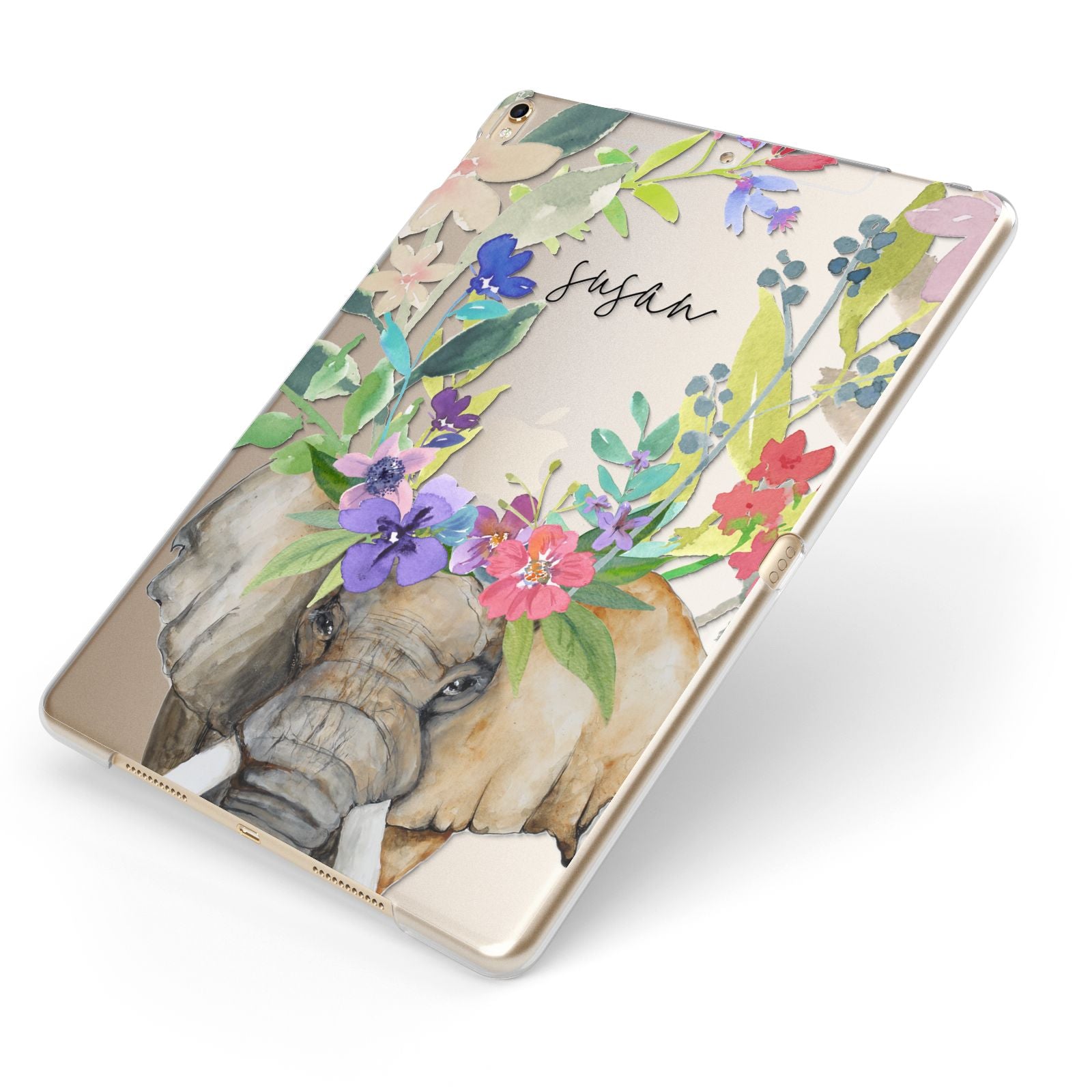 Personalised Elephant Floral Apple iPad Case on Gold iPad Side View