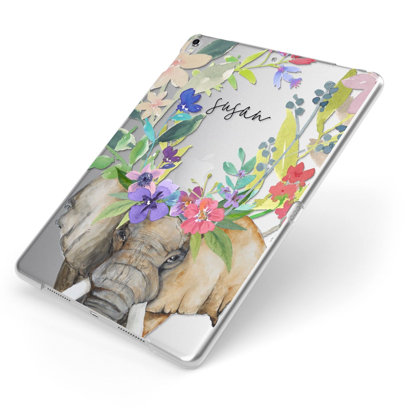 Personalised Elephant Floral Apple iPad Case on Silver iPad Side View