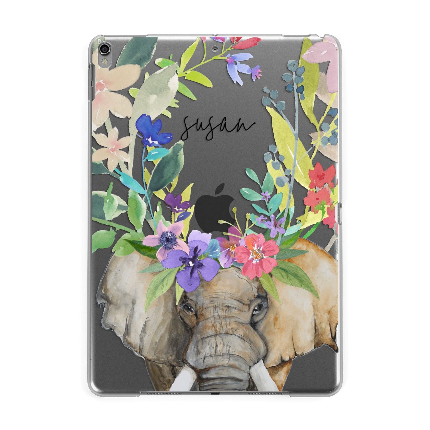 Personalised Elephant Floral Apple iPad Grey Case