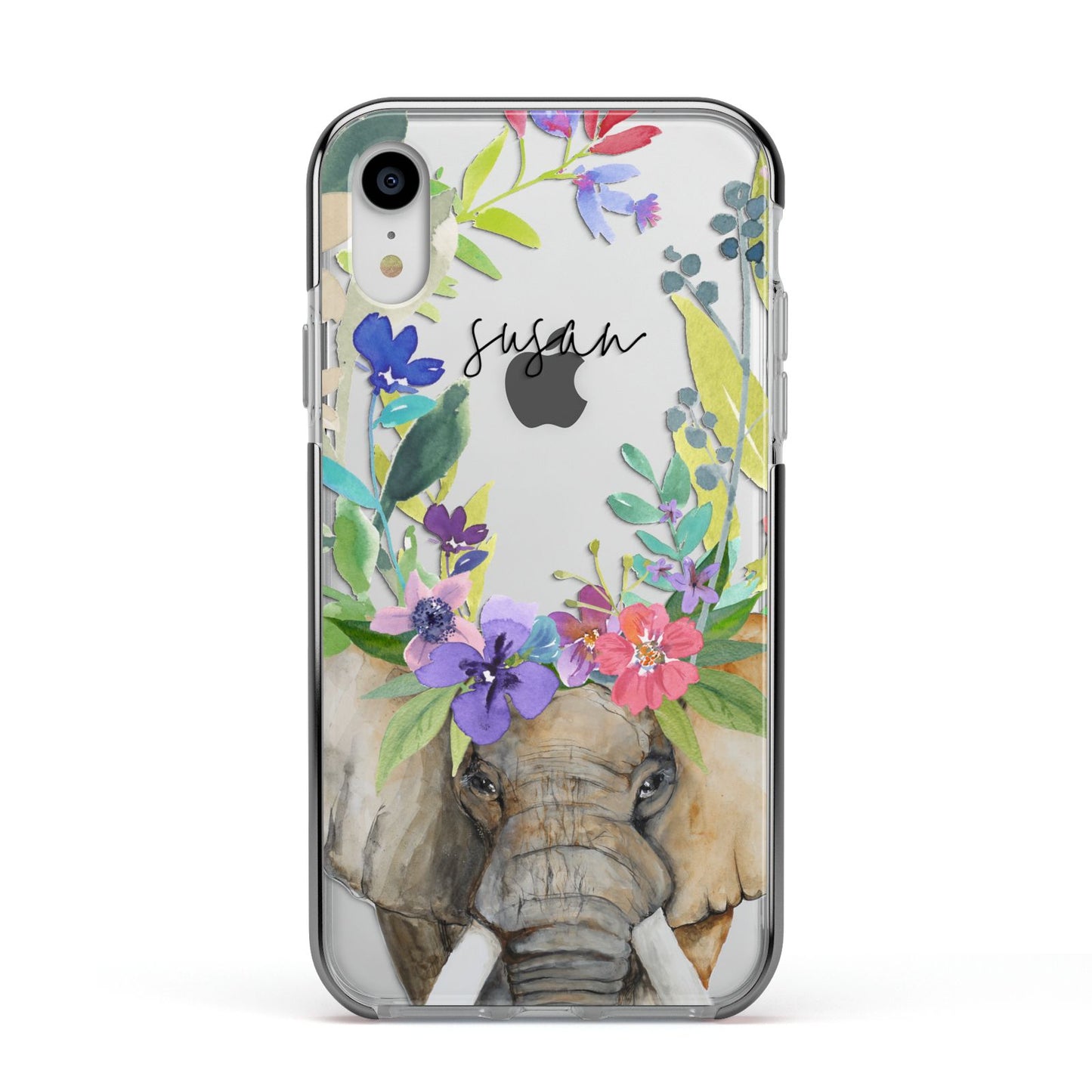 Personalised Elephant Floral Apple iPhone XR Impact Case Black Edge on Silver Phone