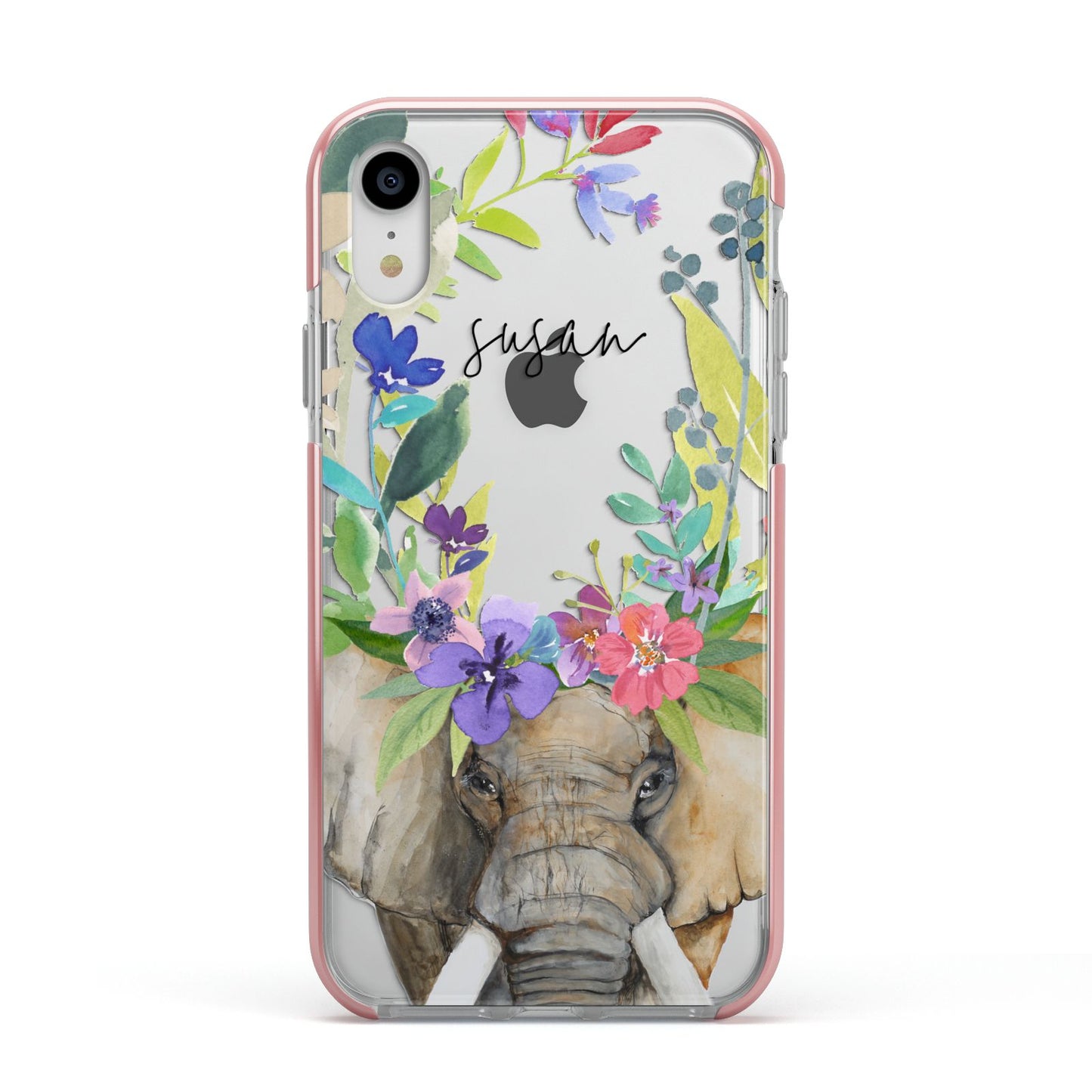 Personalised Elephant Floral Apple iPhone XR Impact Case Pink Edge on Silver Phone