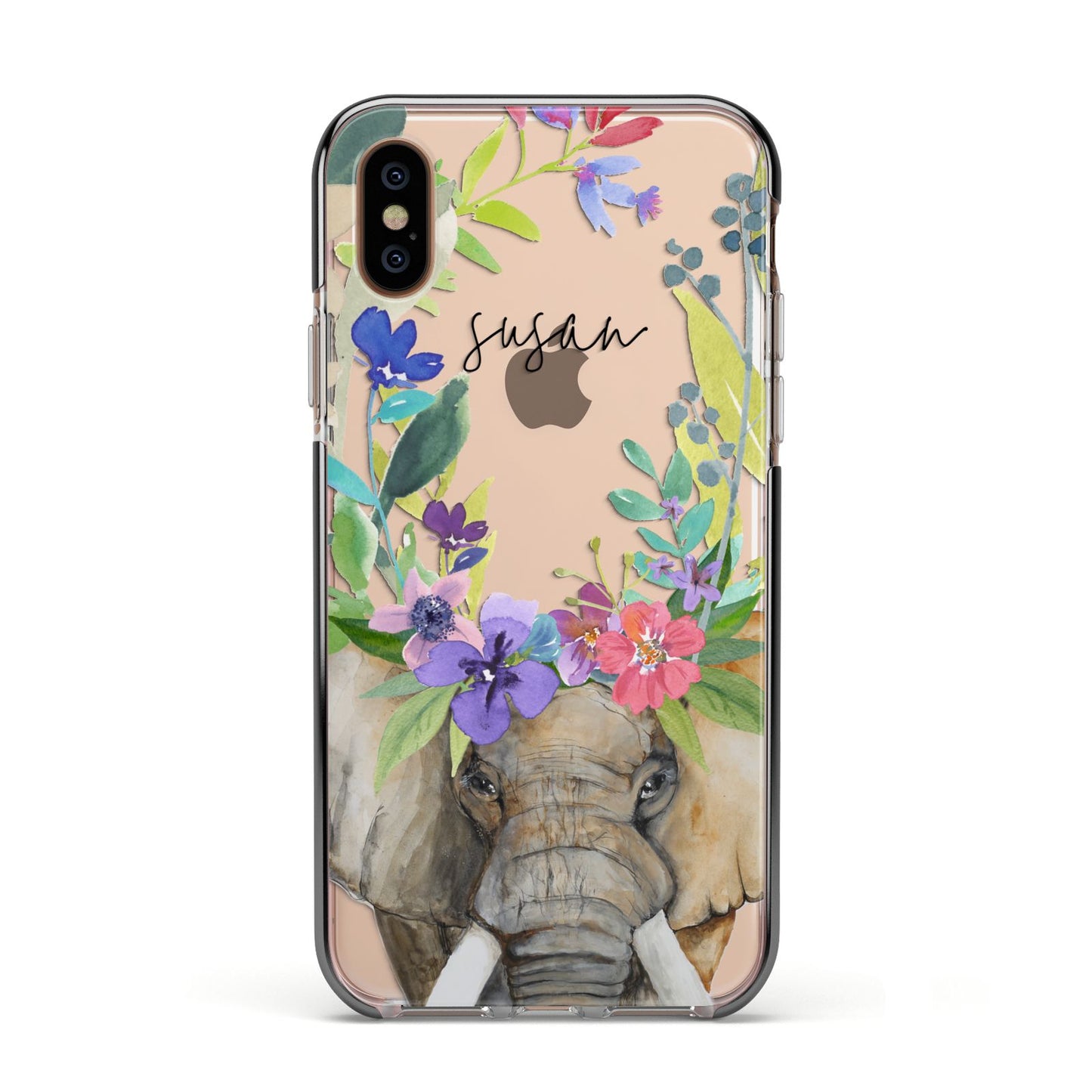 Personalised Elephant Floral Apple iPhone Xs Impact Case Black Edge on Gold Phone