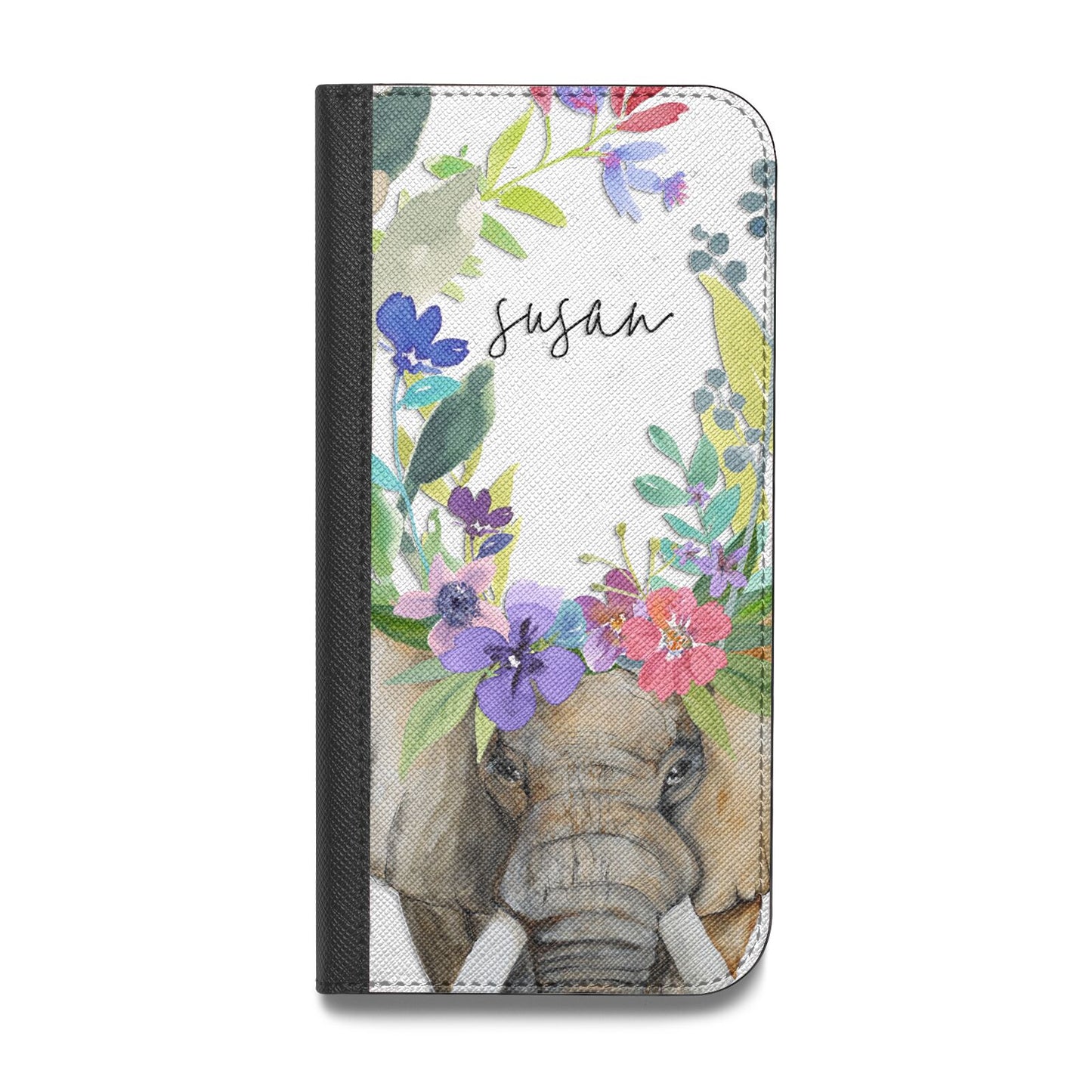 Personalised Elephant Floral Vegan Leather Flip iPhone Case