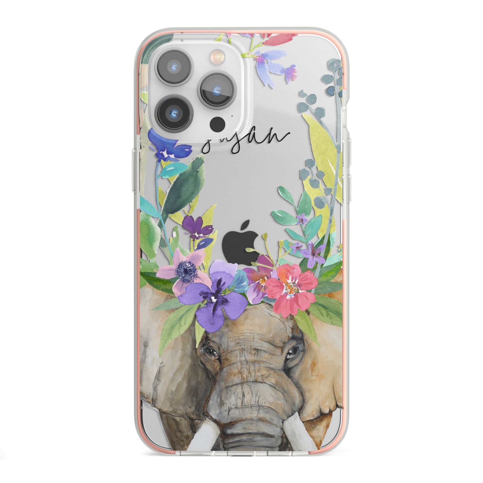 Personalised Elephant Floral iPhone 13 Pro Max TPU Impact Case with Pink Edges