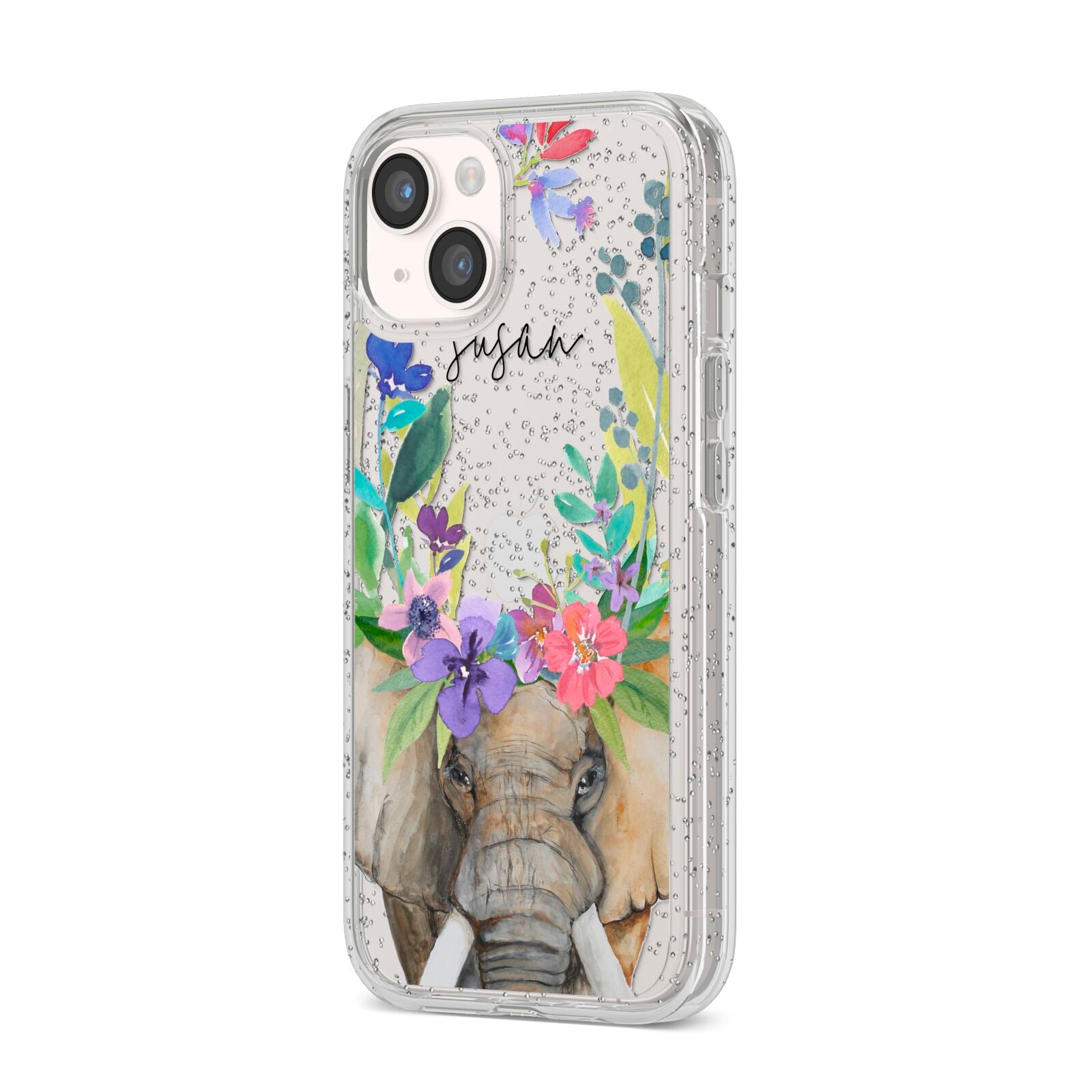 Personalised Elephant Floral iPhone 14 Glitter Tough Case Starlight Angled Image