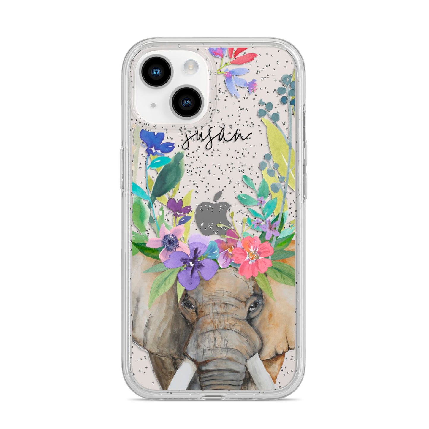 Personalised Elephant Floral iPhone 14 Glitter Tough Case Starlight