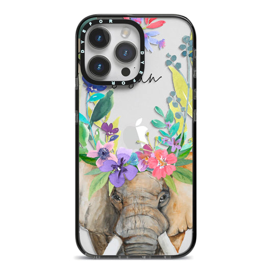Personalised Elephant Floral iPhone 14 Pro Max Black Impact Case on Silver phone