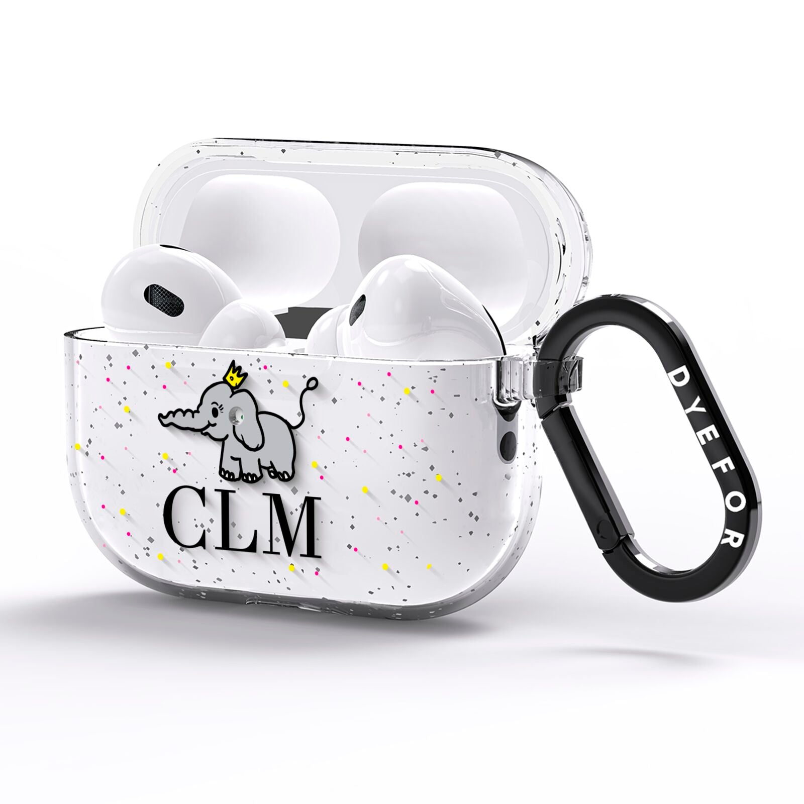 Personalised Elephant Initials Clear AirPods Pro Glitter Case Side Image