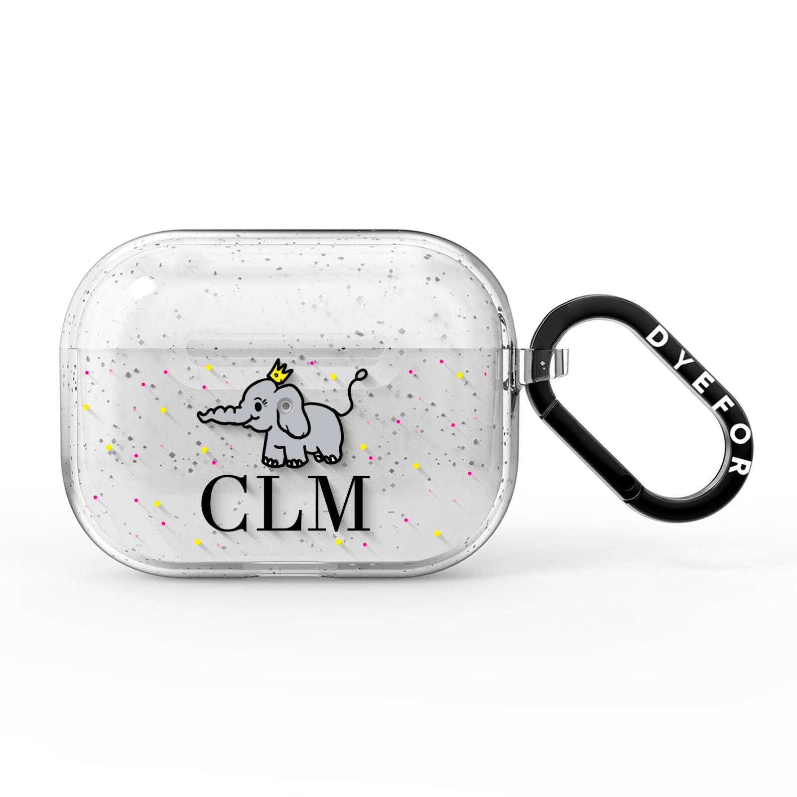 Personalised Elephant Initials Clear AirPods Pro Glitter Case