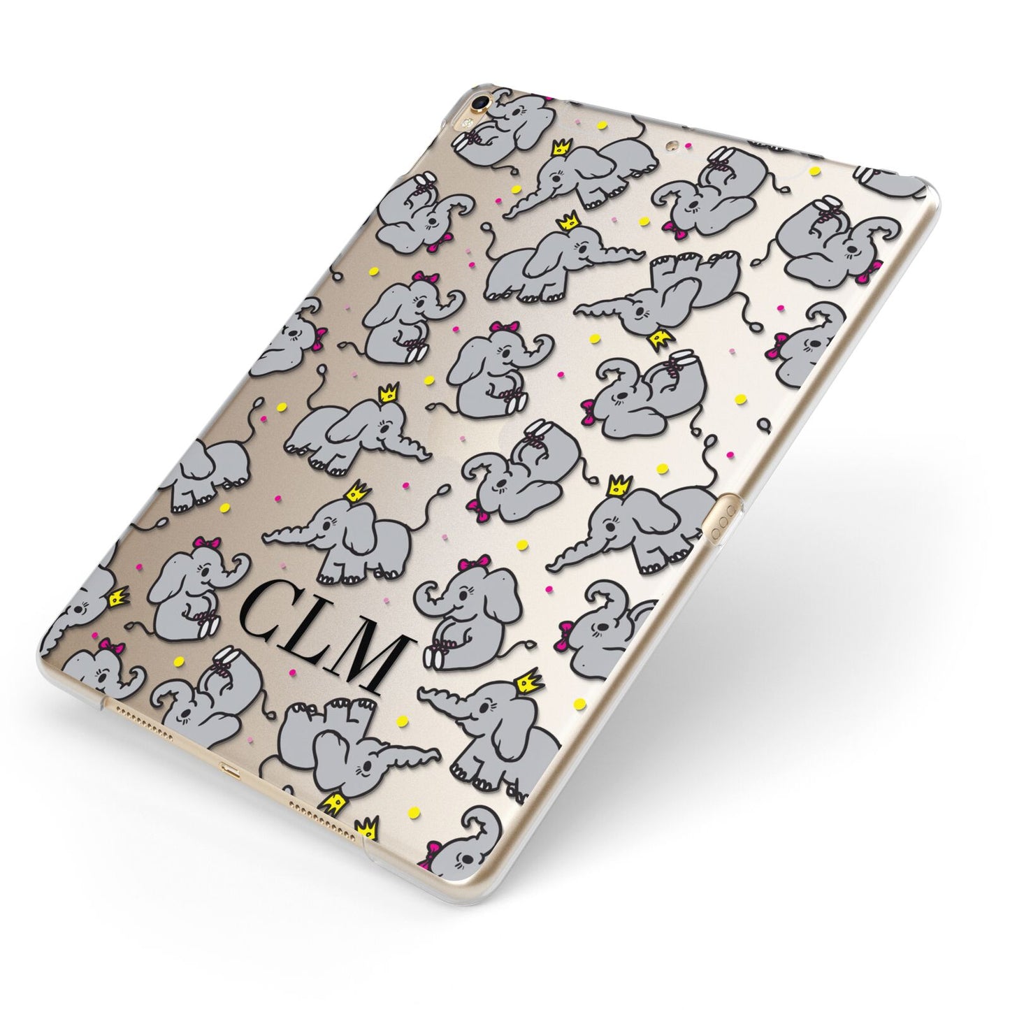 Personalised Elephant Initials Clear Apple iPad Case on Gold iPad Side View