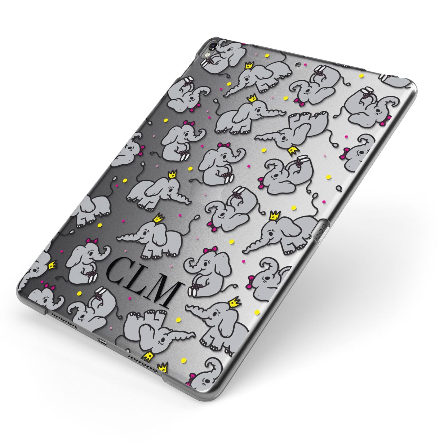 Personalised Elephant Initials Clear Apple iPad Case on Grey iPad Side View