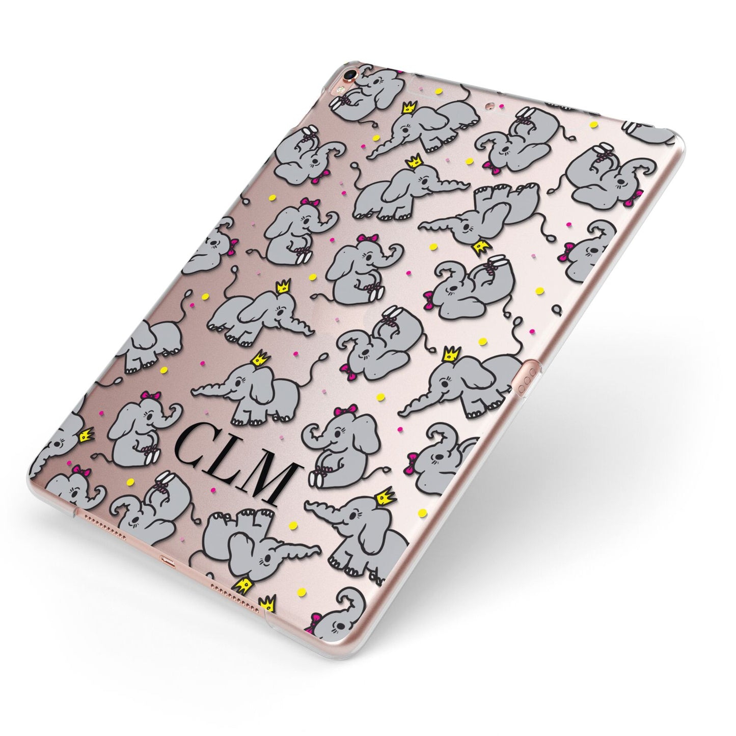 Personalised Elephant Initials Clear Apple iPad Case on Rose Gold iPad Side View