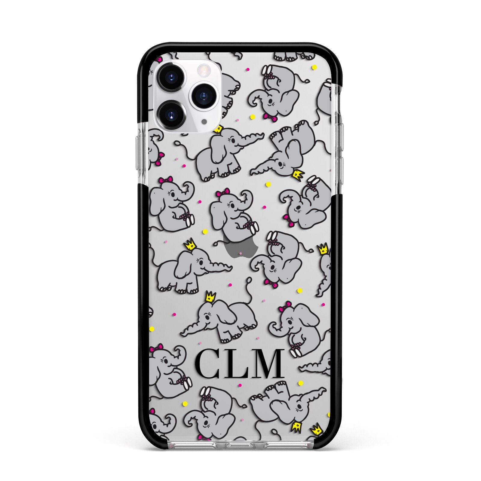 Personalised Elephant Initials Clear Apple iPhone 11 Pro Max in Silver with Black Impact Case