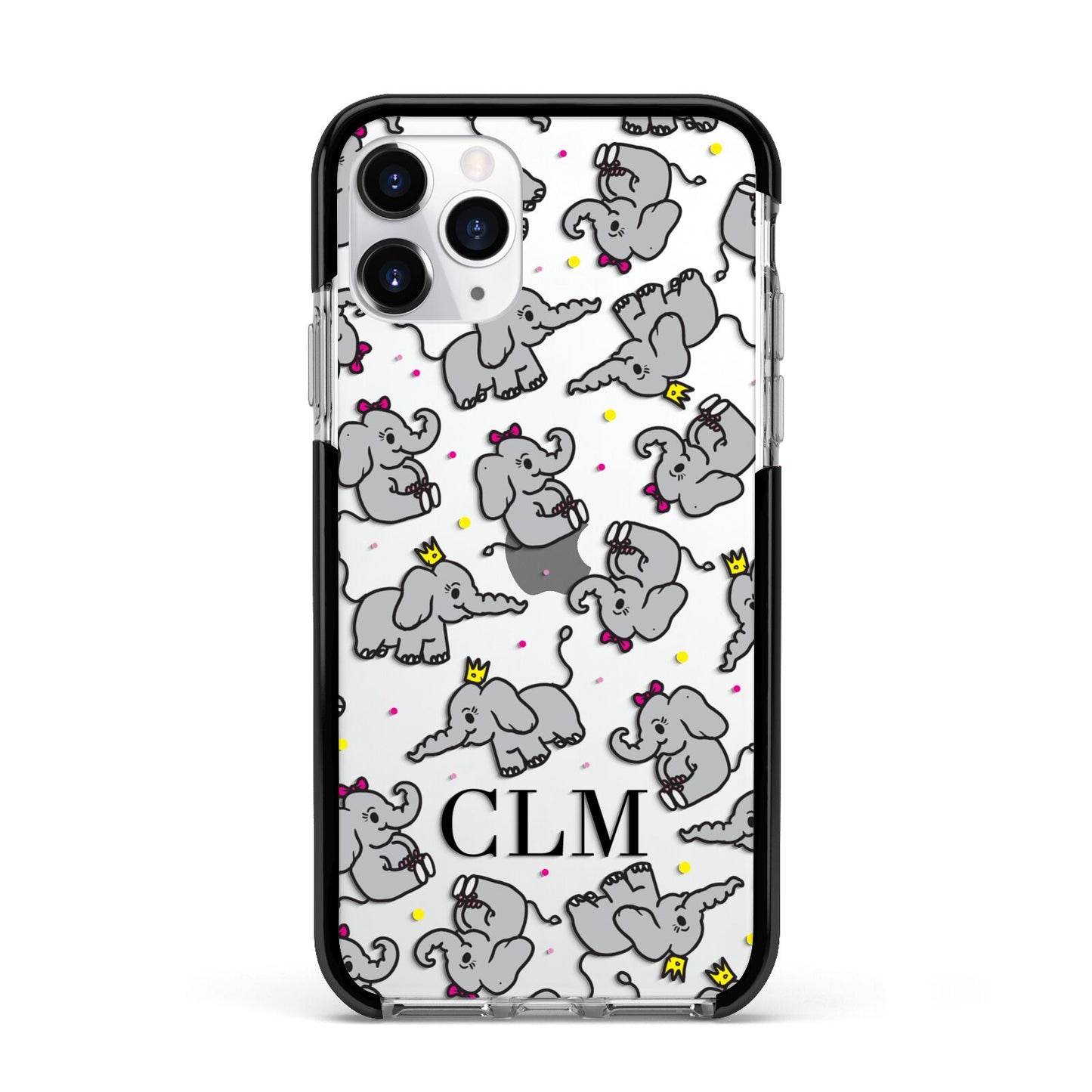 Personalised Elephant Initials Clear Apple iPhone 11 Pro in Silver with Black Impact Case
