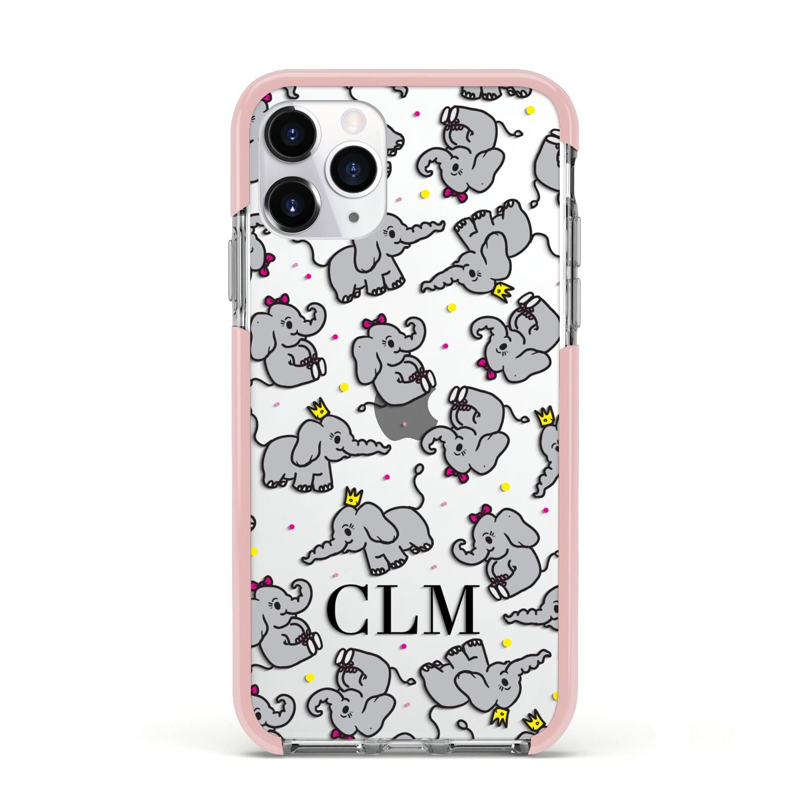 Personalised Elephant Initials Clear Apple iPhone 11 Pro in Silver with Pink Impact Case