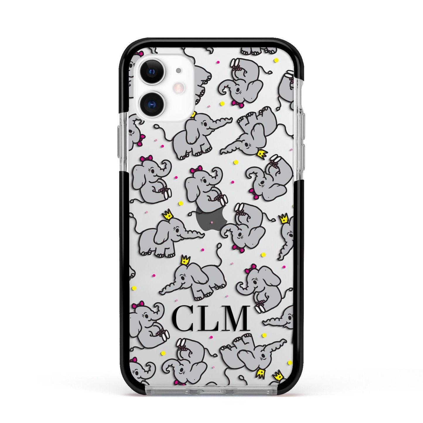 Personalised Elephant Initials Clear Apple iPhone 11 in White with Black Impact Case