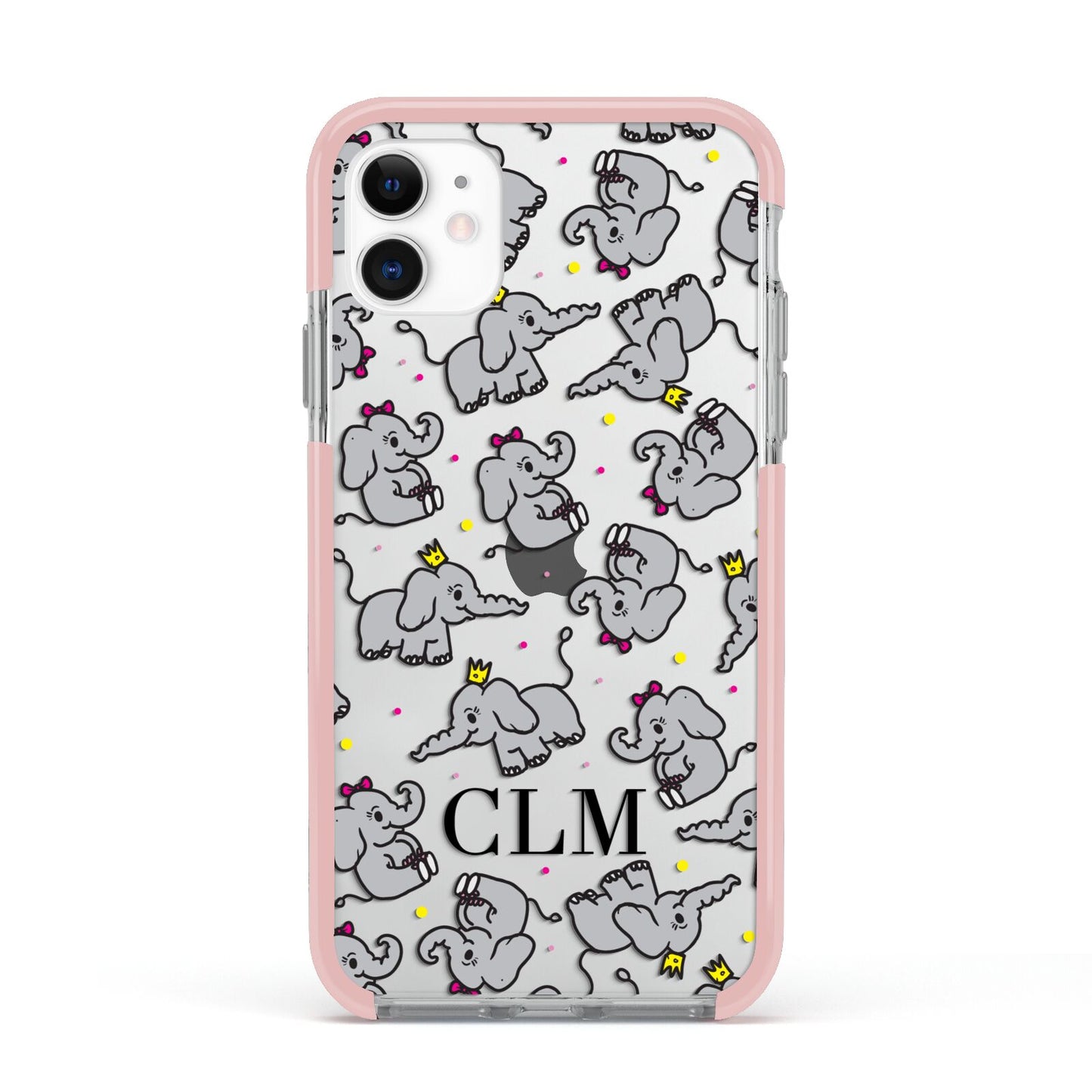 Personalised Elephant Initials Clear Apple iPhone 11 in White with Pink Impact Case