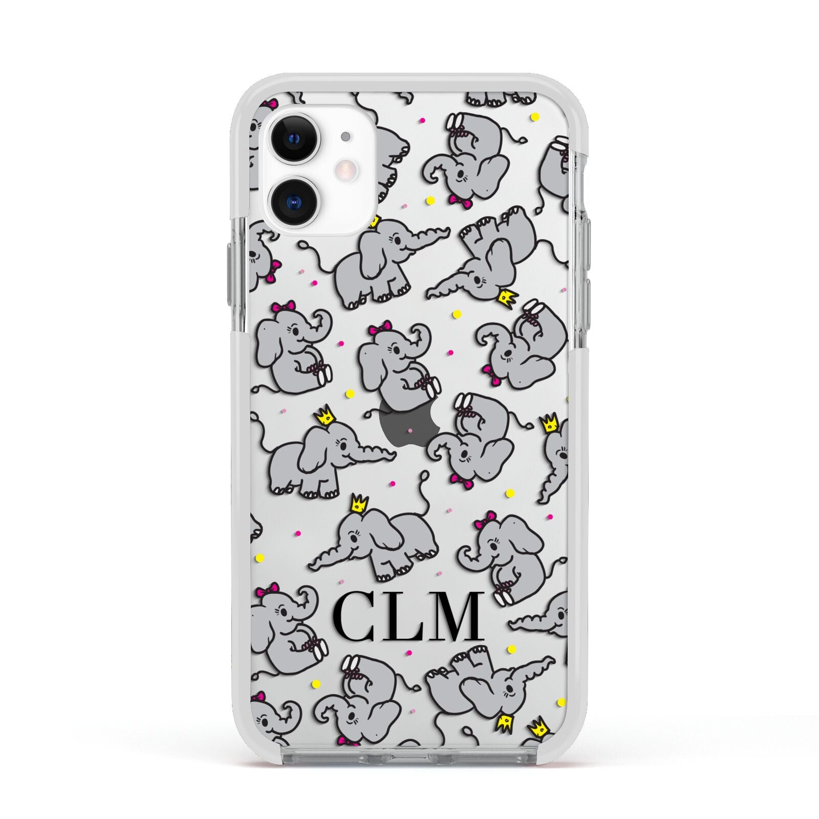 Personalised Elephant Initials Clear Apple iPhone 11 in White with White Impact Case