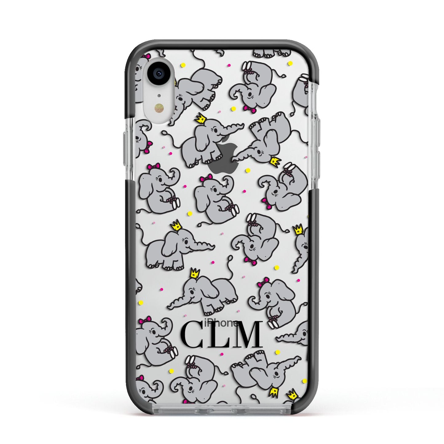 Personalised Elephant Initials Clear Apple iPhone XR Impact Case Black Edge on Silver Phone