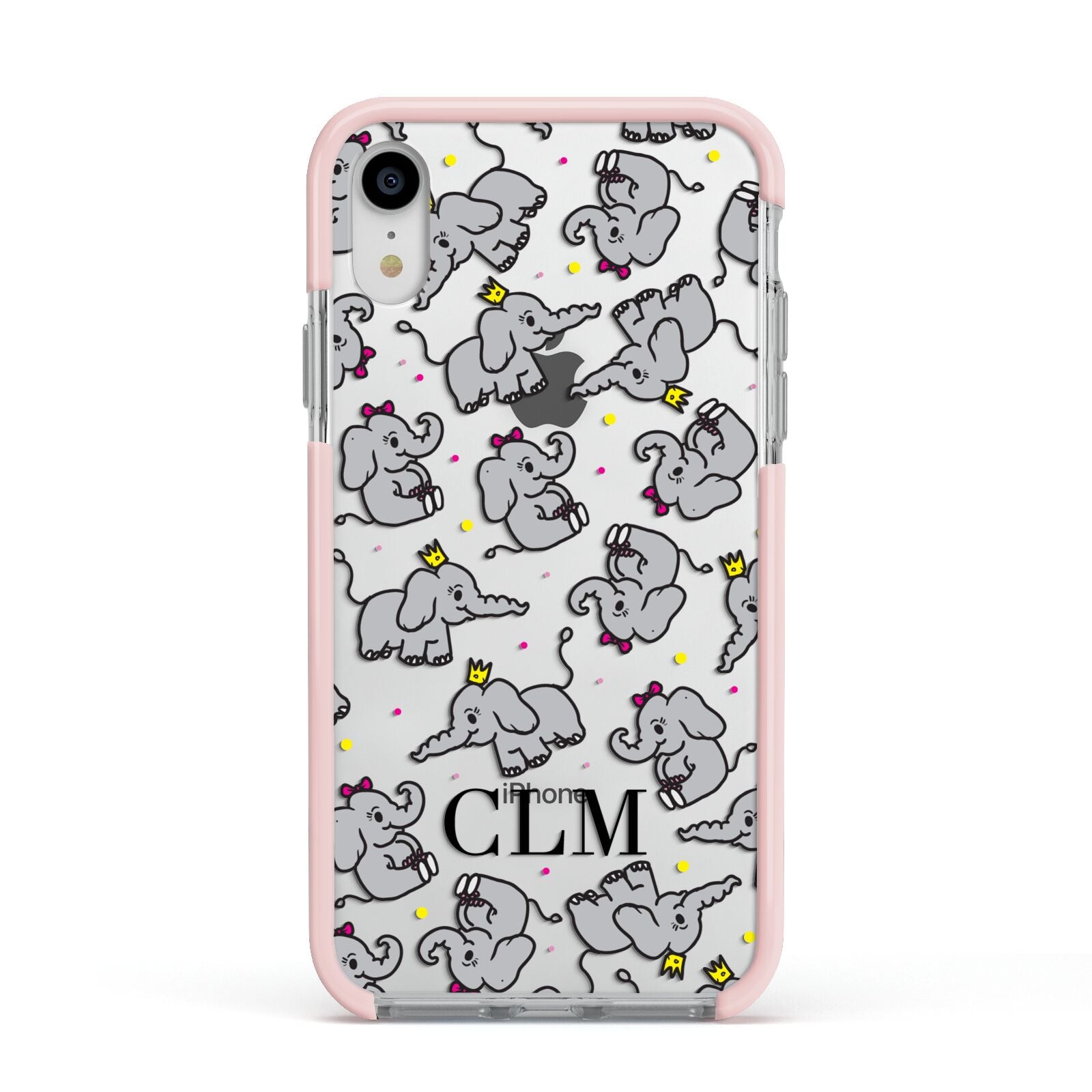Personalised Elephant Initials Clear Apple iPhone XR Impact Case Pink Edge on Silver Phone